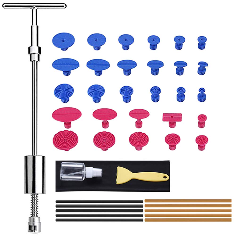 Auto Body Repair Tool Kit - Car Dent Puller Glue Tabs with T-Bar for Paintless Dent Repair, Door Dings & Hail Damage - Professional Automotive Bodywork Tools for DIY Car Dent Removal & Restoration