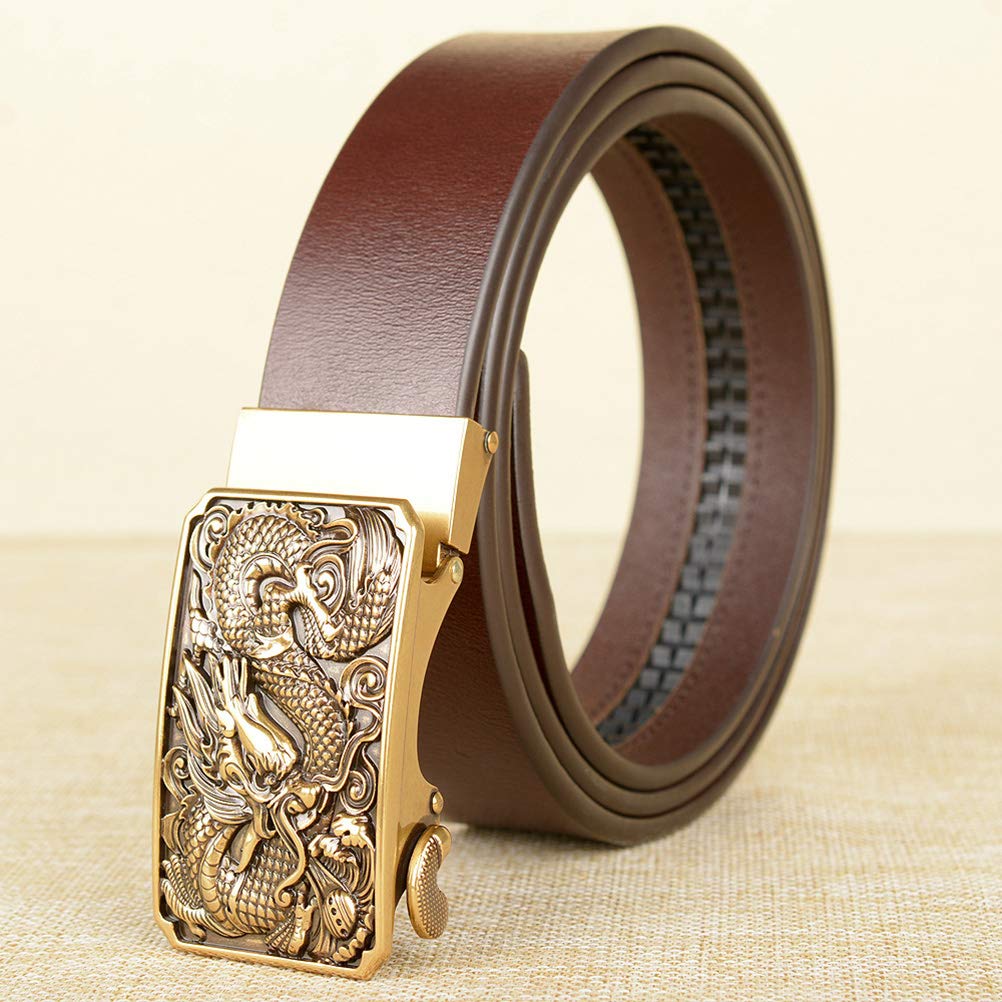 KESYOO Genuine Leather Belt for Men - Black Automatic Golden Buckle with Dragon Pattern - Stylish Dress Belt for Office, Casual & Formal Wear