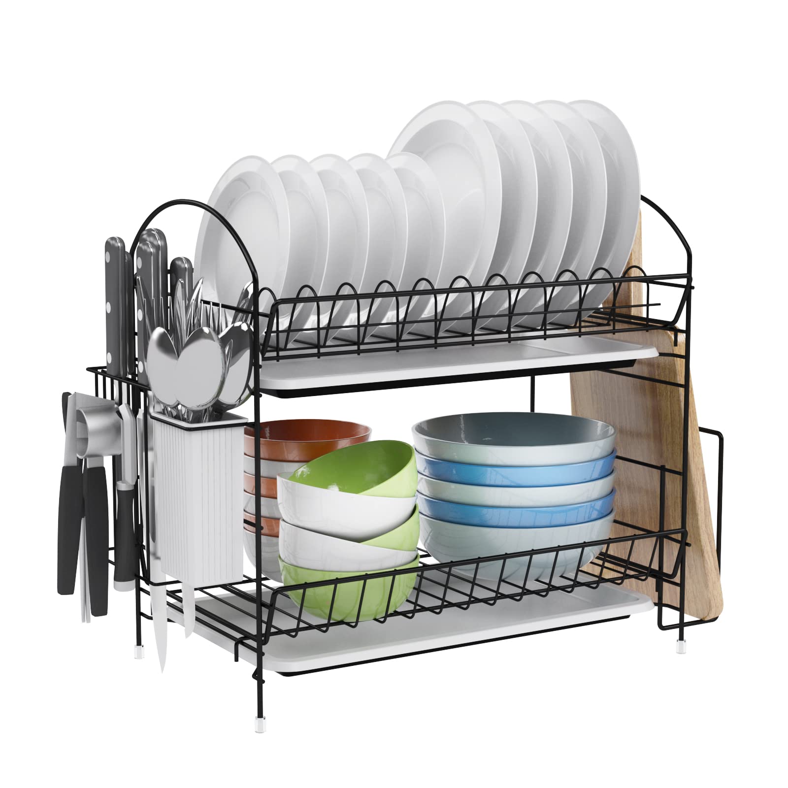 2 Tier Stainless Steel Dish Drying Rack with Drainboard - Space Saving Kitchen Organizer with Utensil Holder, Cup Holder & Cutting Board Storage - Perfect for Small Apartments, RVs & Compact Kitchens (White)