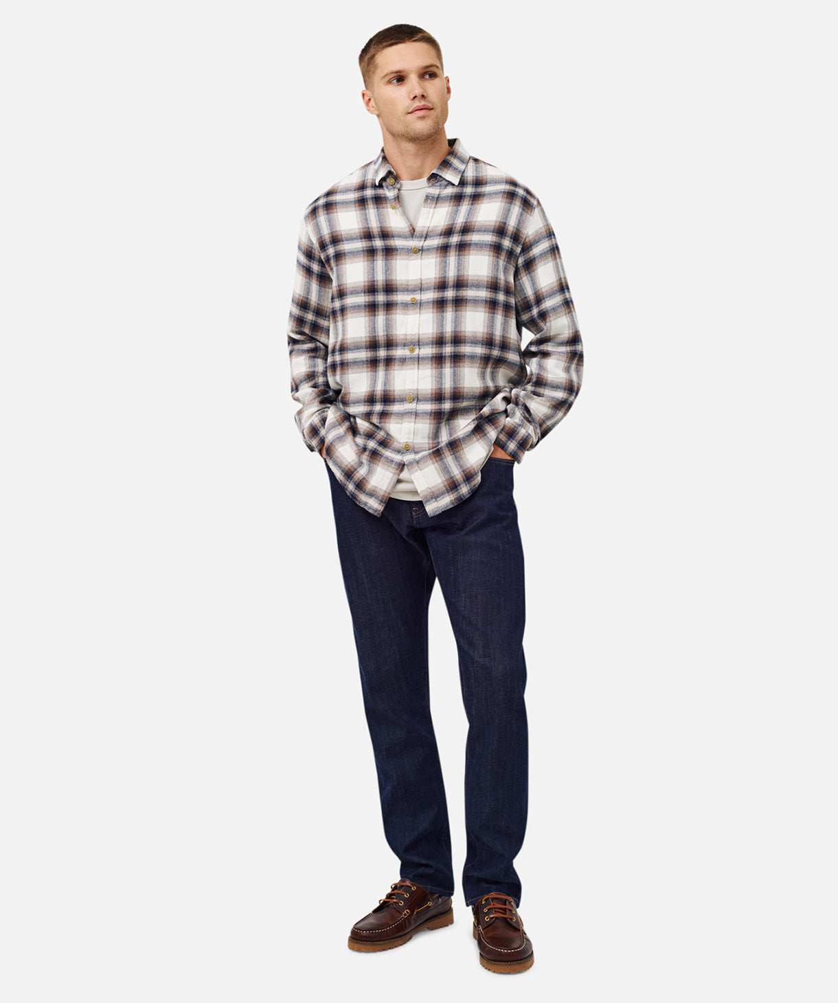 Attwater Long Sleeve Shirt for Men - Stone & Navy Plaid Flannel Button-Up - Perfect for Casual Wear, Outdoor Adventures & Layering in Fall & Winter