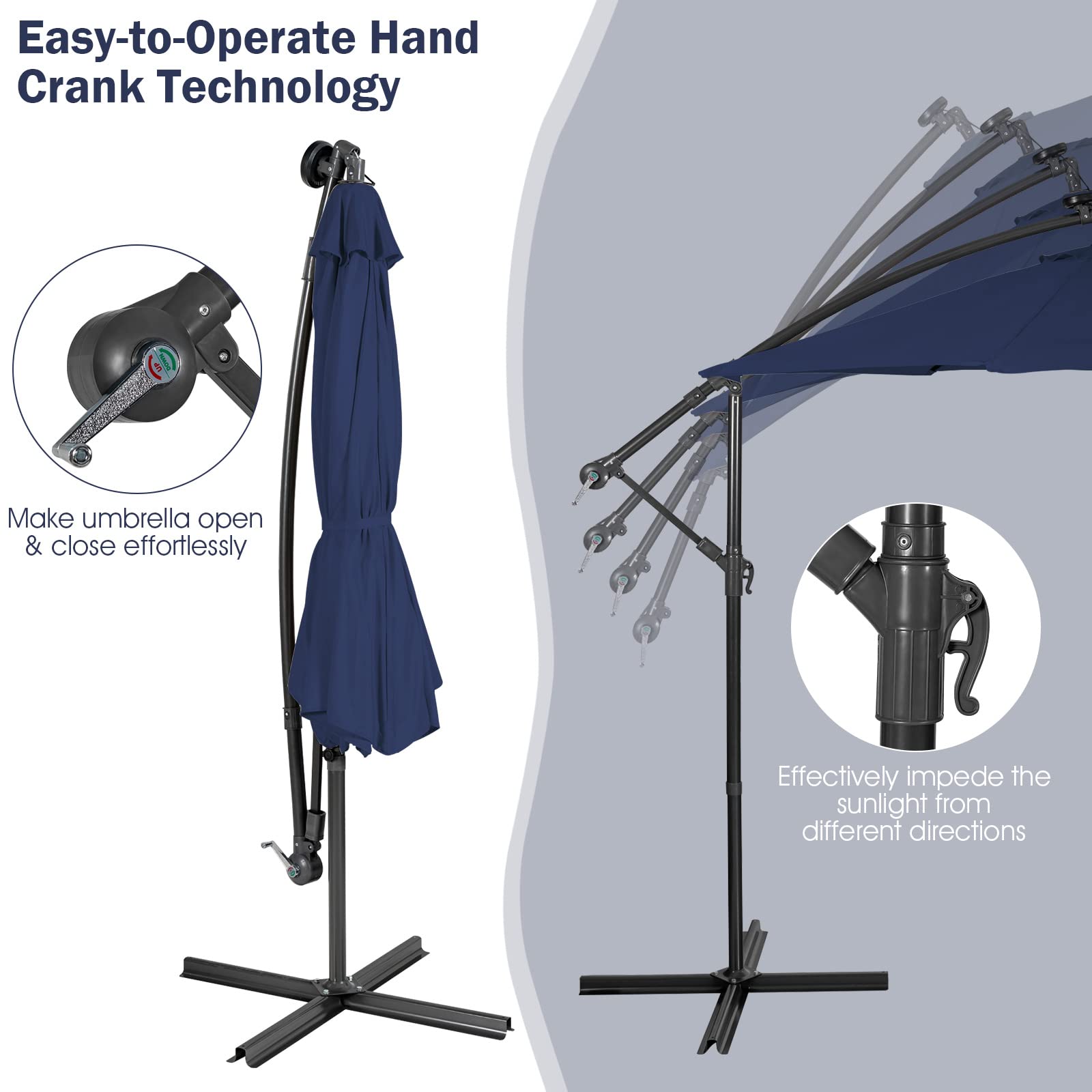 Giantex 10 Ft Solar Powered LED Patio Umbrella with 8 Ribs & Tilting Adjustment - Heavy Duty Cantilever Outdoor Umbrella for Pool, Garden, Deck, and Backyard Relaxation