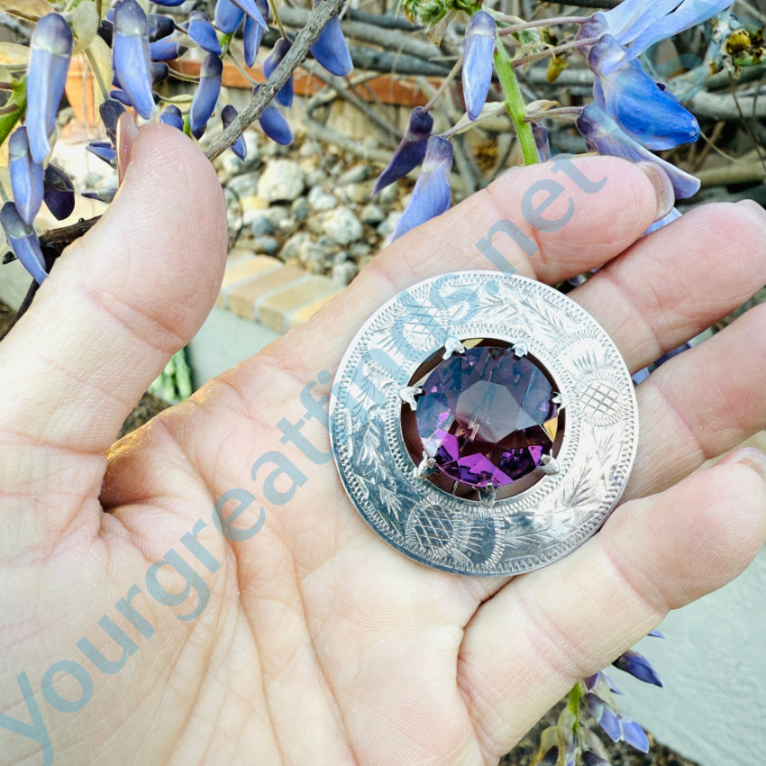 Vintage British Scottish Sterling Silver Thistle Brooch with Purple Stone - Elegant Celtic Jewelry for Women, Perfect for Weddings, Parties & Special Occasions