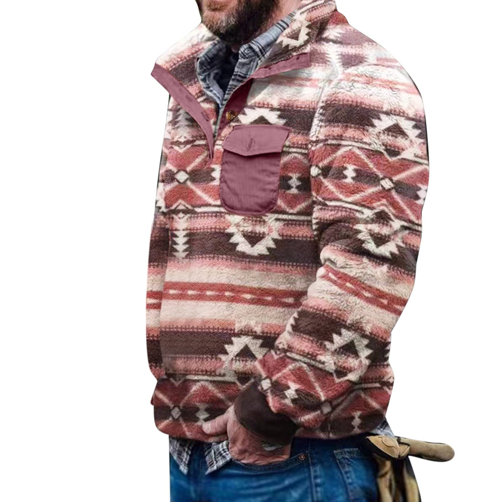 Men's Plush Printed Button Pocket Turtleneck Sweater - Soft Pullover Top for Winter Warmth, Casual Wear & Office Outfits