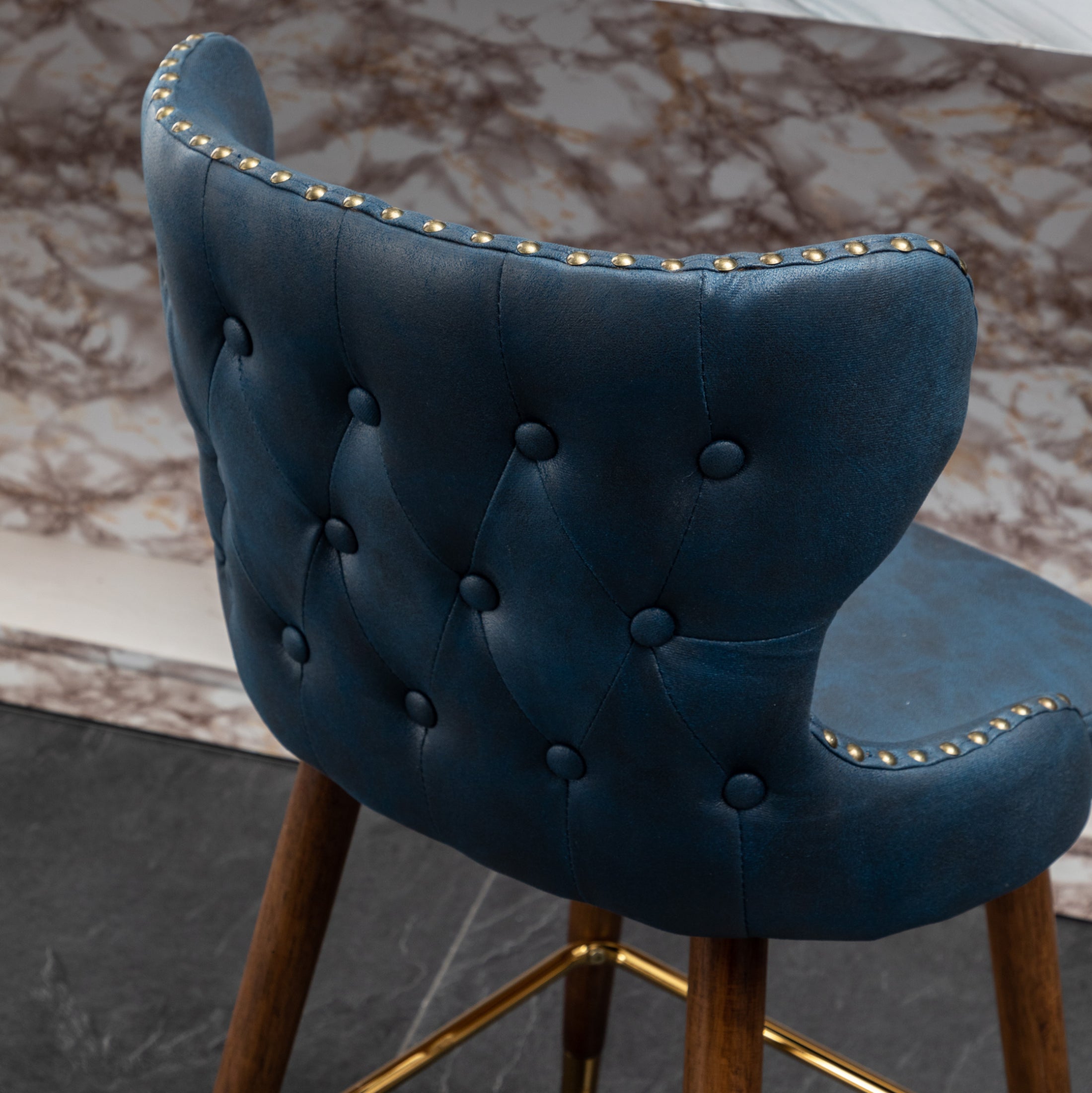 Roundhill Furniture Nevis Mid-Century Modern Faux Leather Tufted Counter Stool with Nailhead Trim - Set of 2, Blue - Perfect for Kitchen Islands, Breakfast Bars & Home Decor