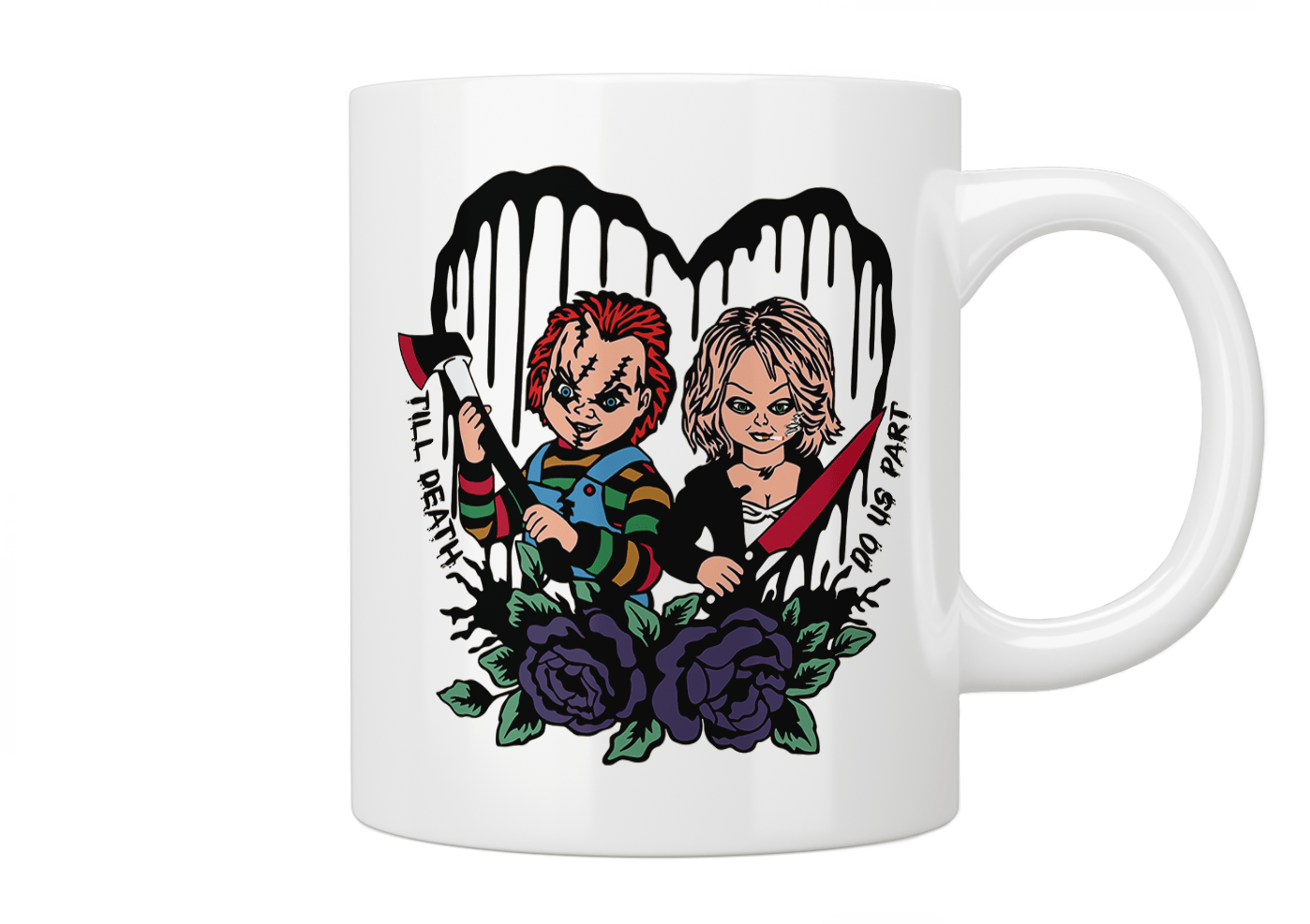 Chucky and Tiffany 'Till Death Do Us Part' Horror Movie Coffee Mug - Perfect for Halloween, Horror Fans & Couples Gifts