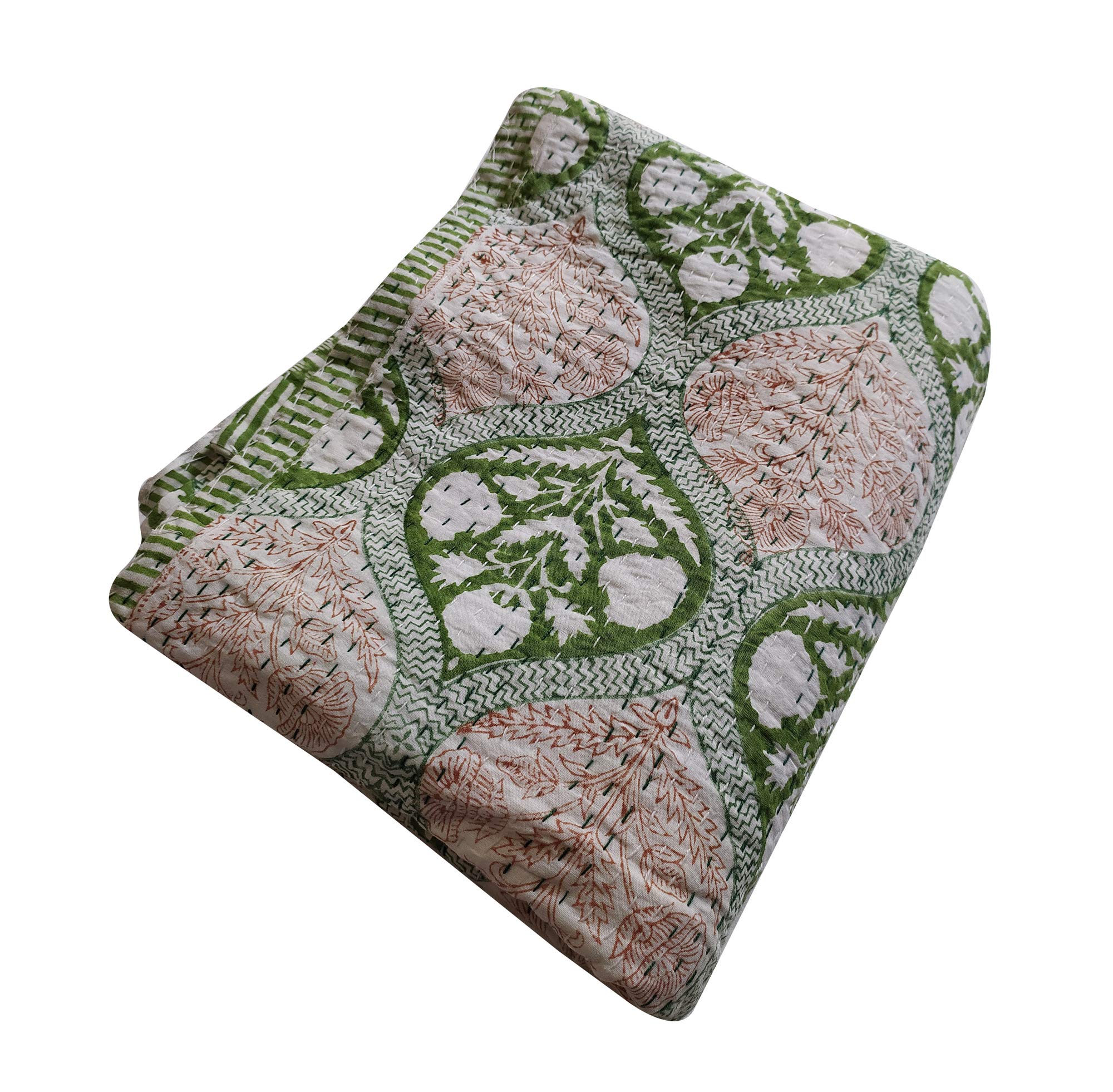 Soft Cotton Kantha Quilt Blanket - Green Floral Print 90x108 Inch - Cozy Bedspread for Home Decor, Guest Room & Boho Style Bedding