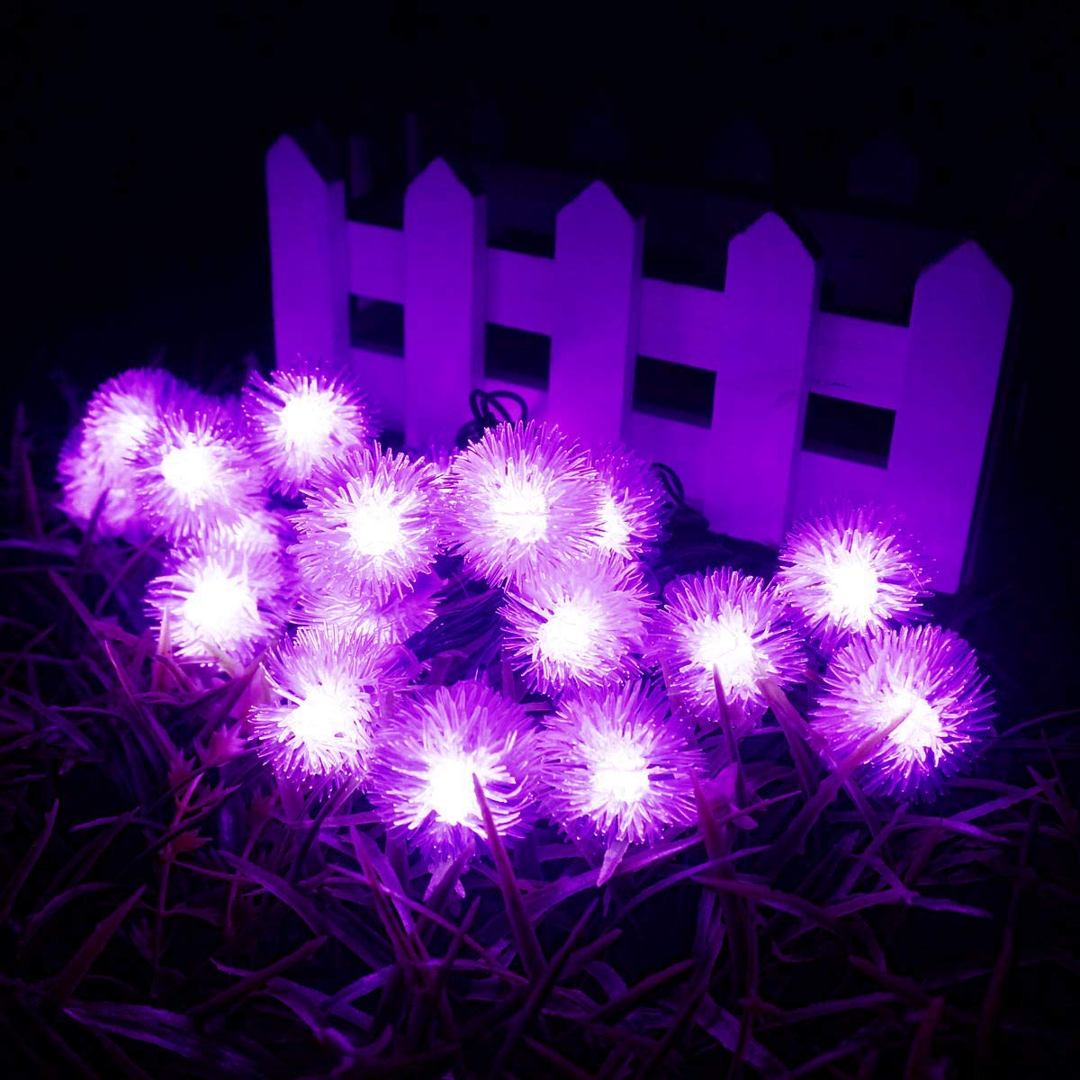 20FT 30LED Solar Powered Dandelion Ball String Lights - Waterproof Outdoor Fairy Lights for Garden, Patio, Camping, Christmas & Wedding Decor (Purple) | Perfect for Backyard Parties & Romantic Ambiance