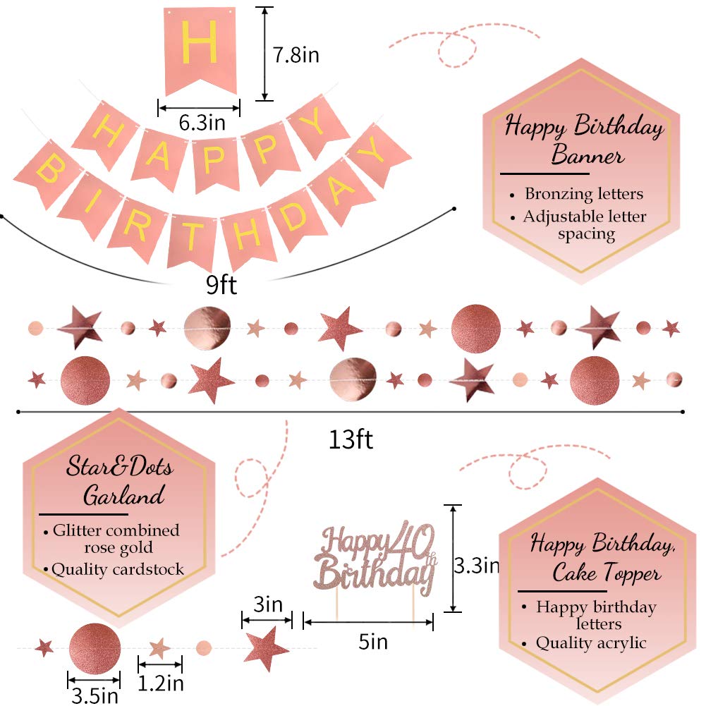 40th Birthday Decorations Set - Happy Birthday Banner, Rose Gold Balloon Numbers, Cake Topper & Curtain Backdrop for Anniversary Party Decor | Perfect for Milestone Celebrations, Photo Booths & Themed Events