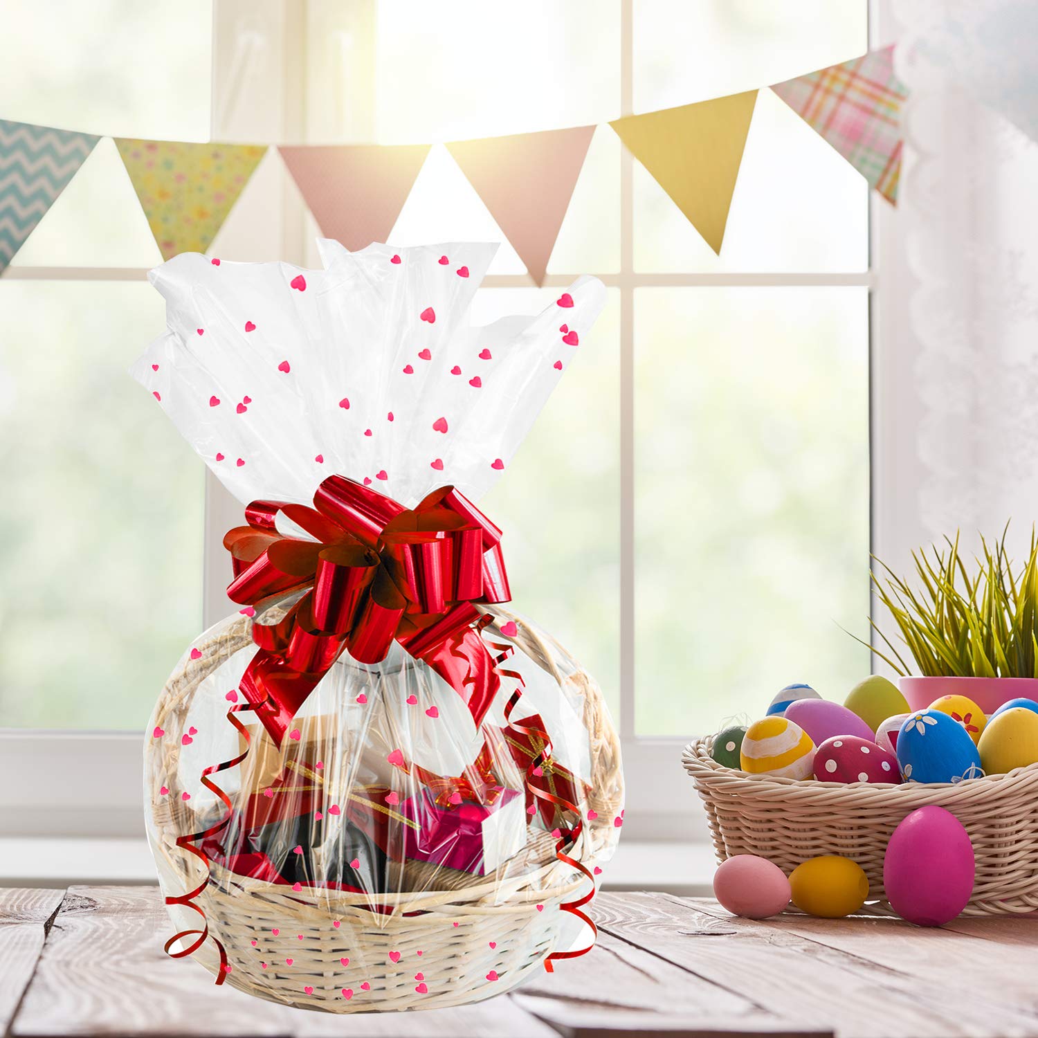 Morepack Clear Basket Bags - 10 Pack 22x32 Inches Large Cellophane Gift Bags with Printed Design | Perfect for Gift Baskets, Party Favors, Wedding Decorations & Holiday Packaging