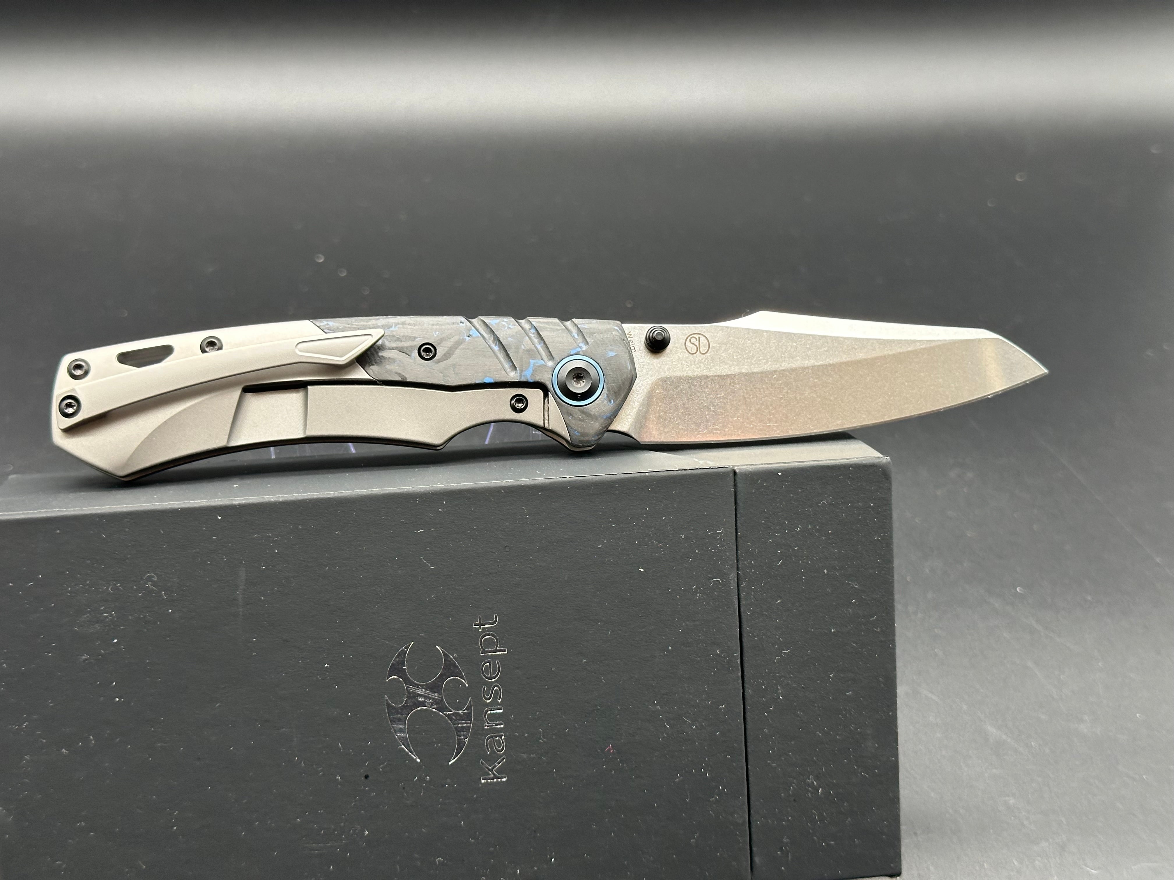 KANSEPT WEIM Folding Knife - Blue/Black Carbon Fiber & Gray Titanium Handle, S35VN Sheepsfoot Blade - EDC, Camping, Outdoor Survival Gear