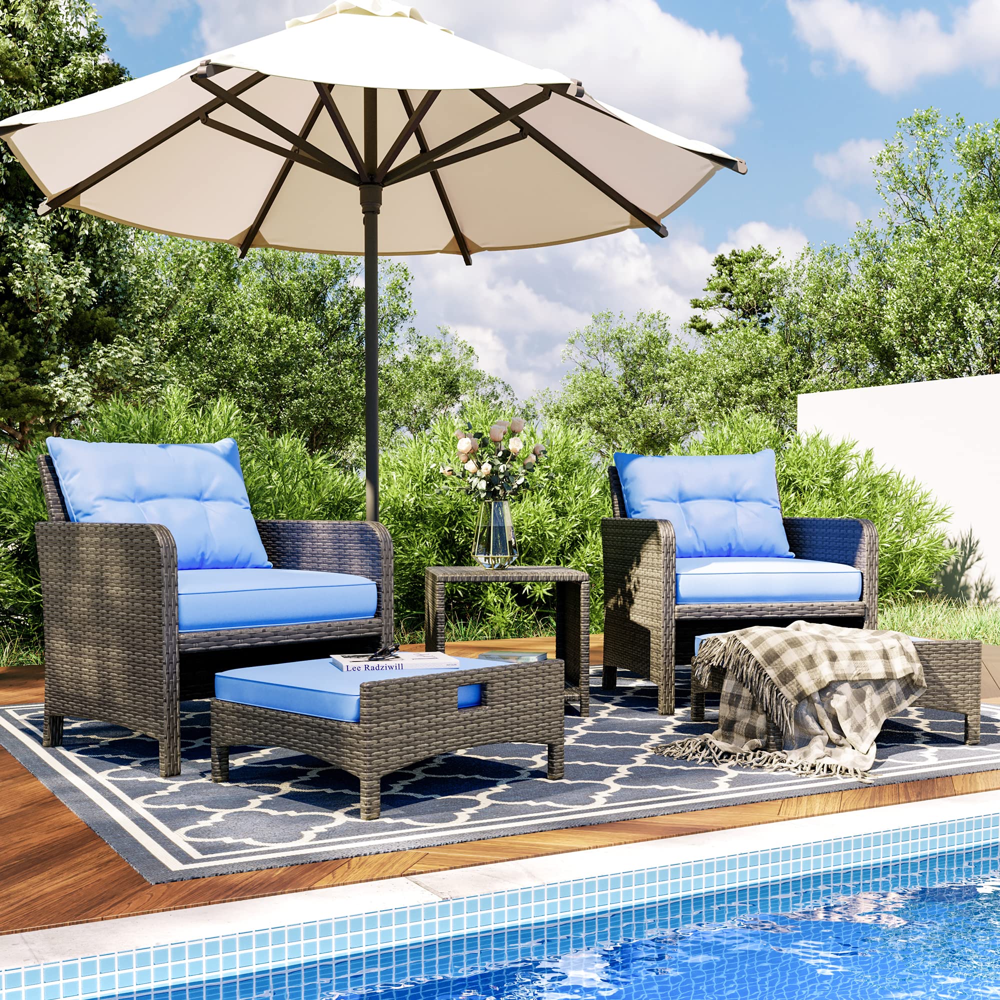 Pamapic 5-Piece Wicker Patio Furniture Set - Outdoor Rattan Chairs with Ottomans & Coffee Table - Blue Cushion & Black Wicker - Perfect for Porch, Garden, Balcony, Backyard, and Poolside Relaxation