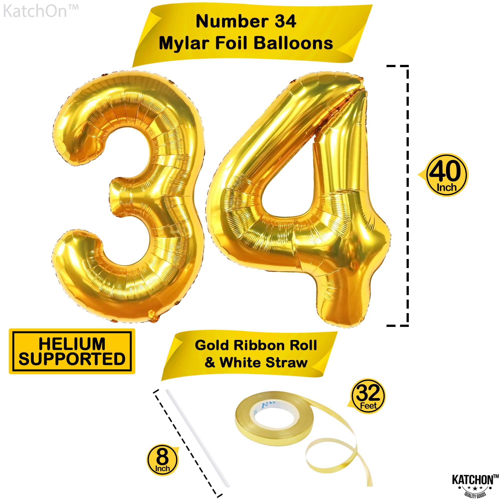 KatchOn Giant Gold 34 Balloon Numbers - 40 Inch Large Foil Balloons for Birthday Party Decorations | 34th Birthday Decor for Women & Men | Anniversary Celebration, Photo Backdrop, Graduation, Baby Shower Decorations