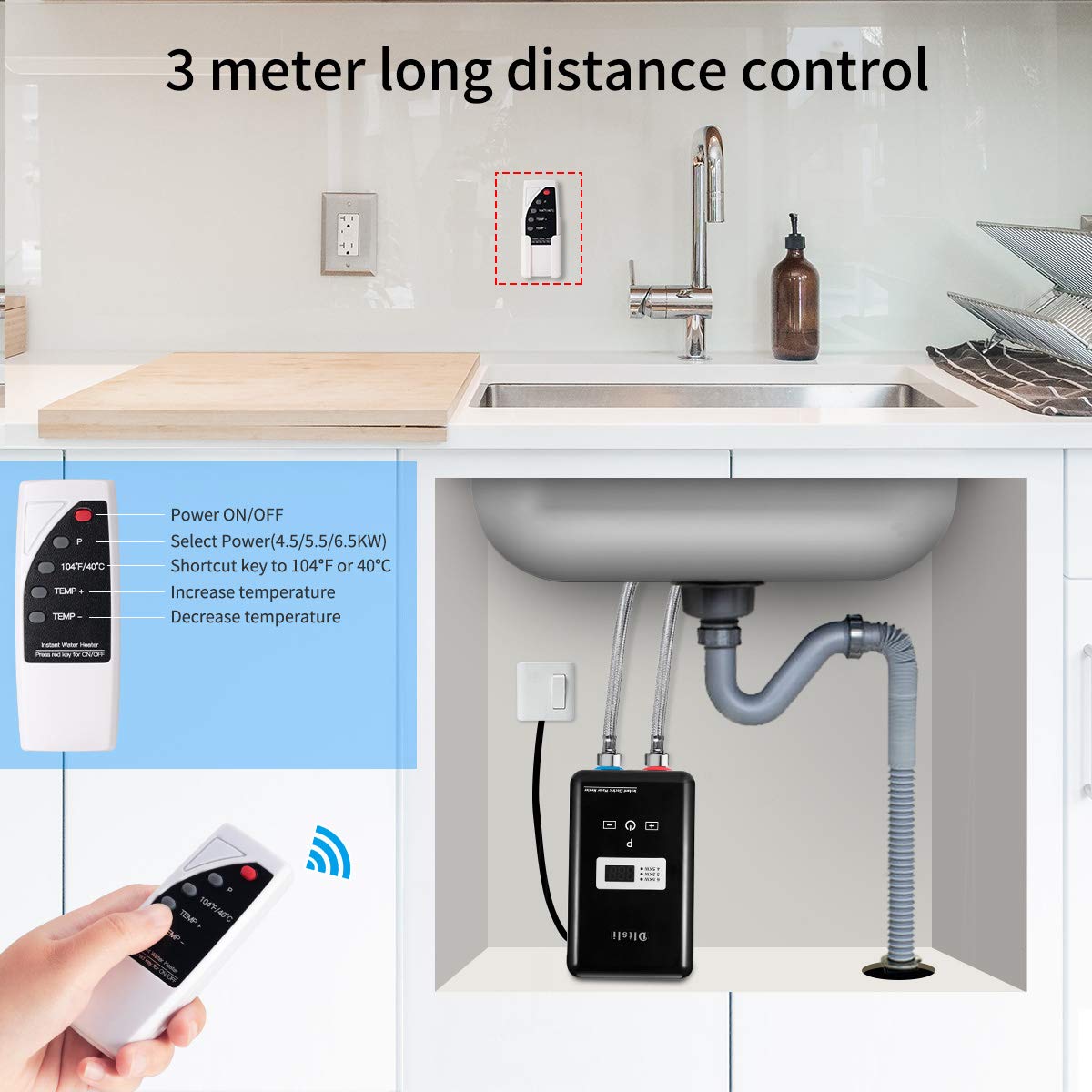 6.5KW 240V Tankless Electric Water Heater with Digital Display & Remote Control - Instant Hot Water for Home, Kitchen, Bathroom, Shower, RV & Camping - Energy Efficient On-Demand Heating Solution