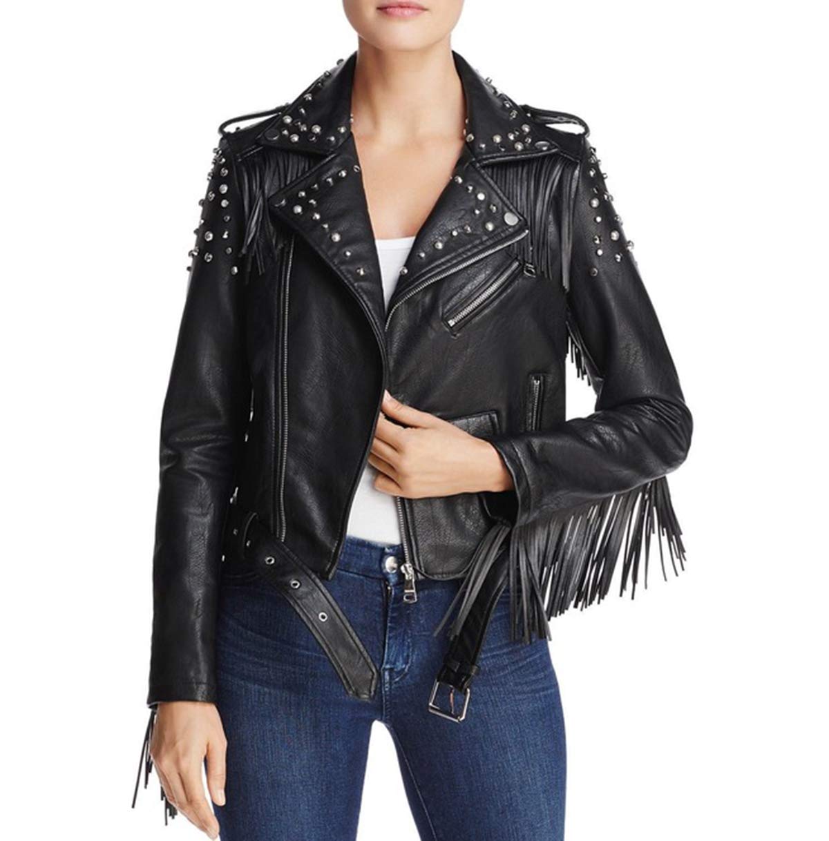 SpazeUp Women's Fringe Western Leather Jacket | Native American Style Cowgirl Jacket for Women | Black Gothic Biker Jacket for Western Rodeo, Halloween & Cosplay