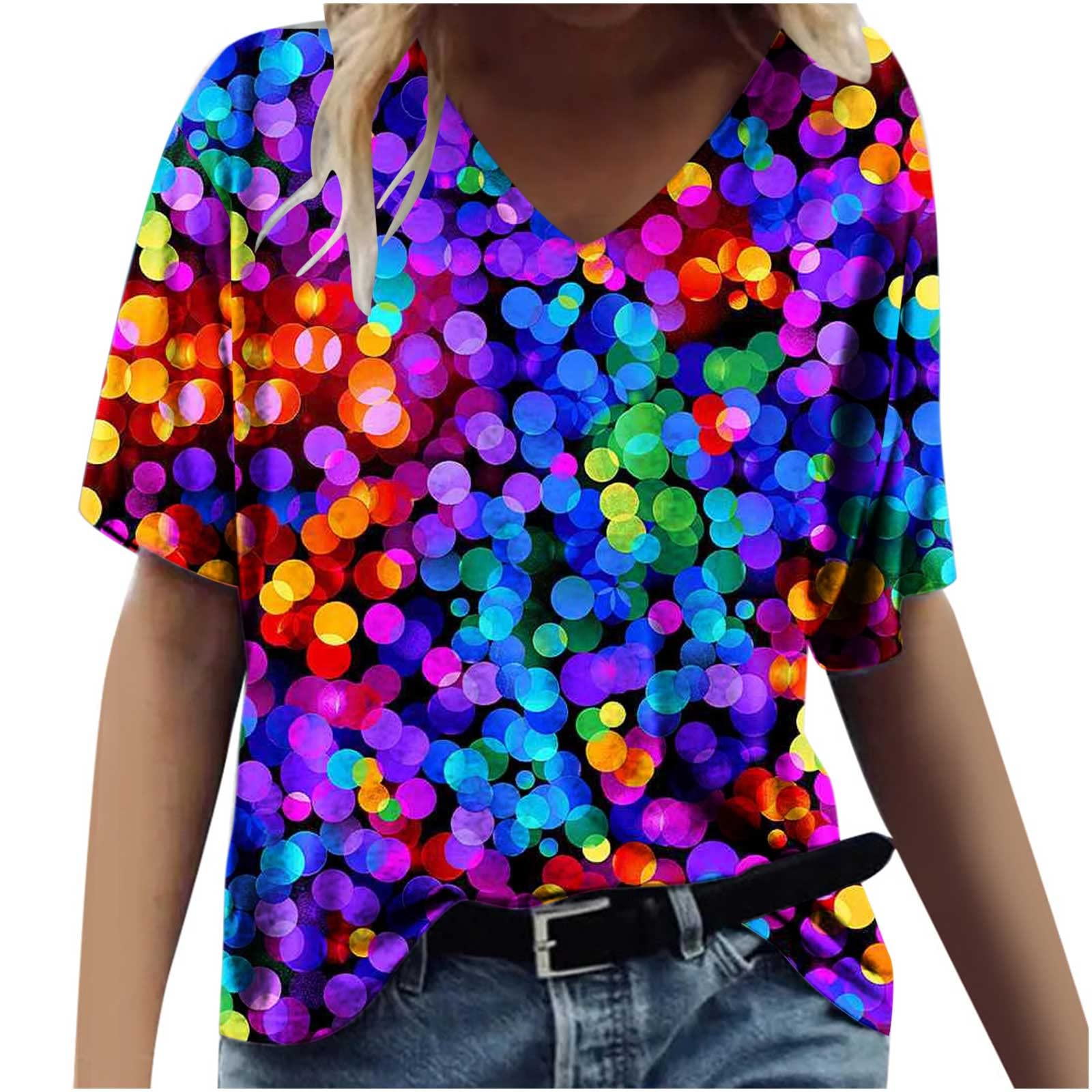 Women's Summer Wild Floral Print Short Sleeve V-Neck Loose Fit Casual T-Shirt | Neon Color Blouse | Fashion Tee for Beach, Vacation & Everyday Wear