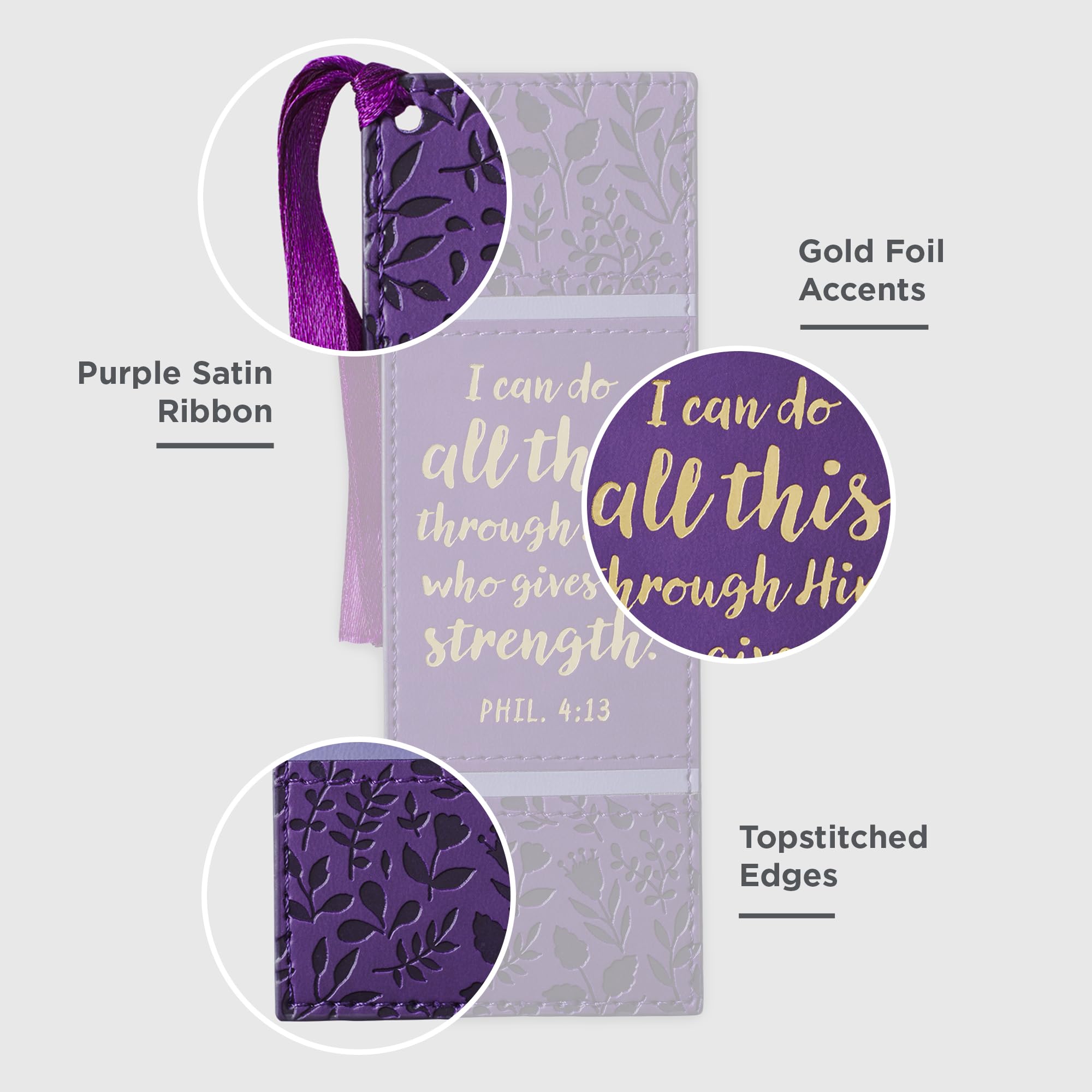 Inspirational Vegan Leather Scripture Bookmark for Women - Christian Art Gift with 'I Can Do All Things' Bible Verse, Satin Ribbon Tassel, Heat-Debossed Purple Floral & Gold Design - Perfect for Bible Study, Journaling & Book Lovers