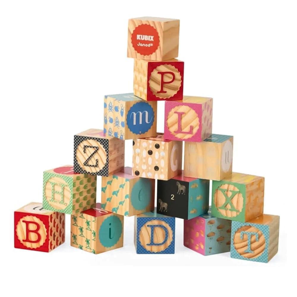 Janod Kubix 16-Piece Alphabet Wooden Blocks - Educational ABC Learning Toys for Toddlers, Montessori Stacking Building Blocks for Kids Ages 2-5 - Perfect for Preschool Classroom & Homeschool Activities