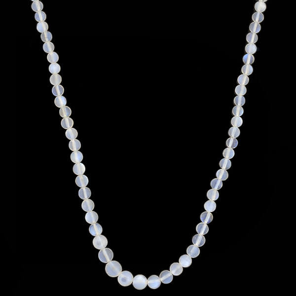 Art Nouveau Blue Moonstone Bead Necklace with Platinum Diamond Filigree Clasp - 31.5 Inch Vintage Jewelry for Women, Perfect for Weddings, Parties & Special Occasions