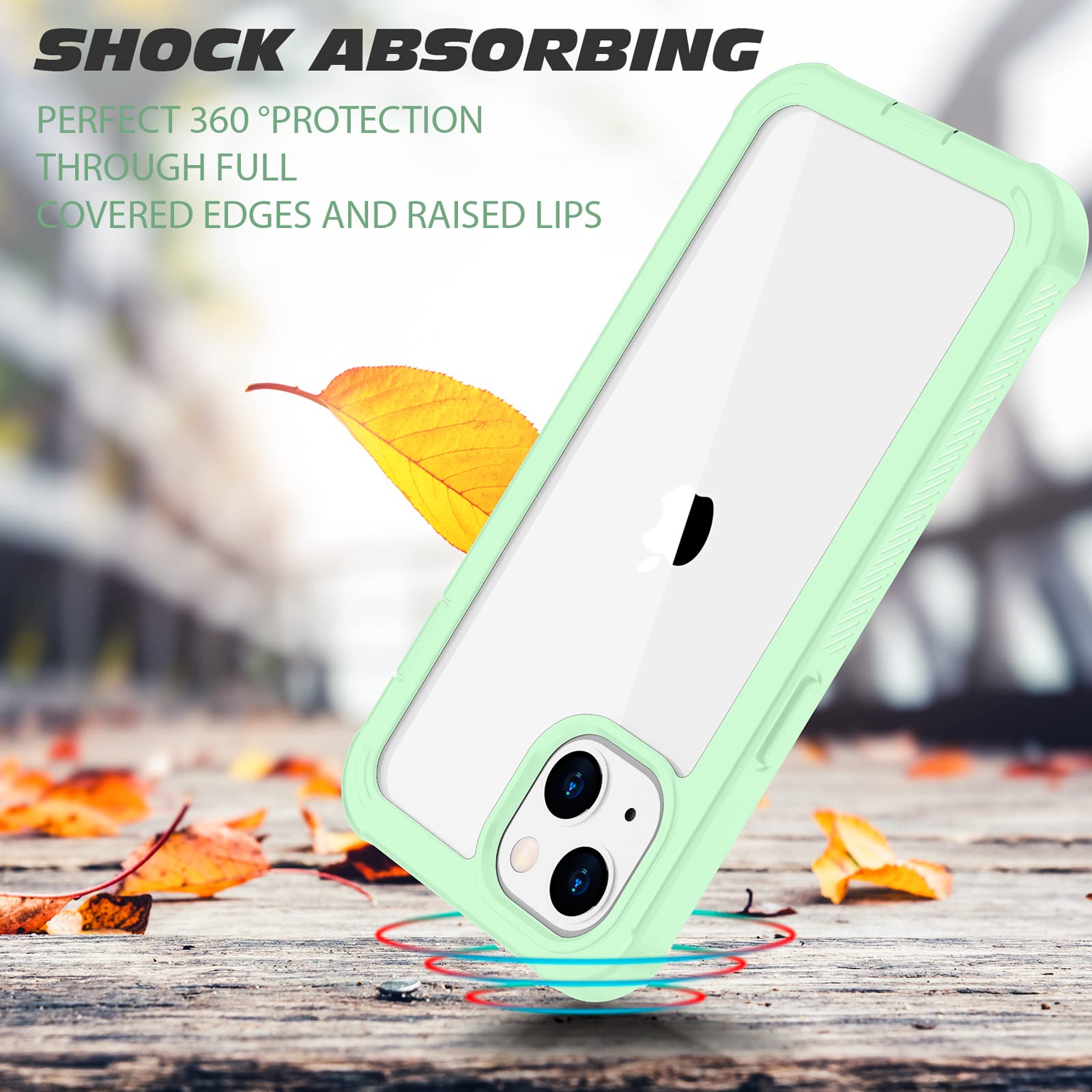 Premium Clear Shockproof iPhone 13 Case (6.1 Inch) - Slim Full Body Bumper with Built-in Screen Protector | Dustproof & Lightweight Cover | Green | Perfect for Outdoor Activities, Travel & Daily Protection