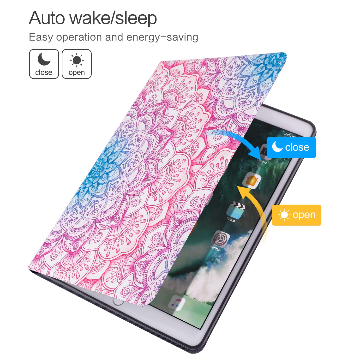 Premium Leather Folio Stand Cover for iPad 9.7 Inch (2017/2018), iPad Air & iPad Air 2 - 6th/5th Generation Cases with Auto Wake/Sleep | Vimorco Blue Purple Mandala Design | Perfect for Work, Travel & Home Use