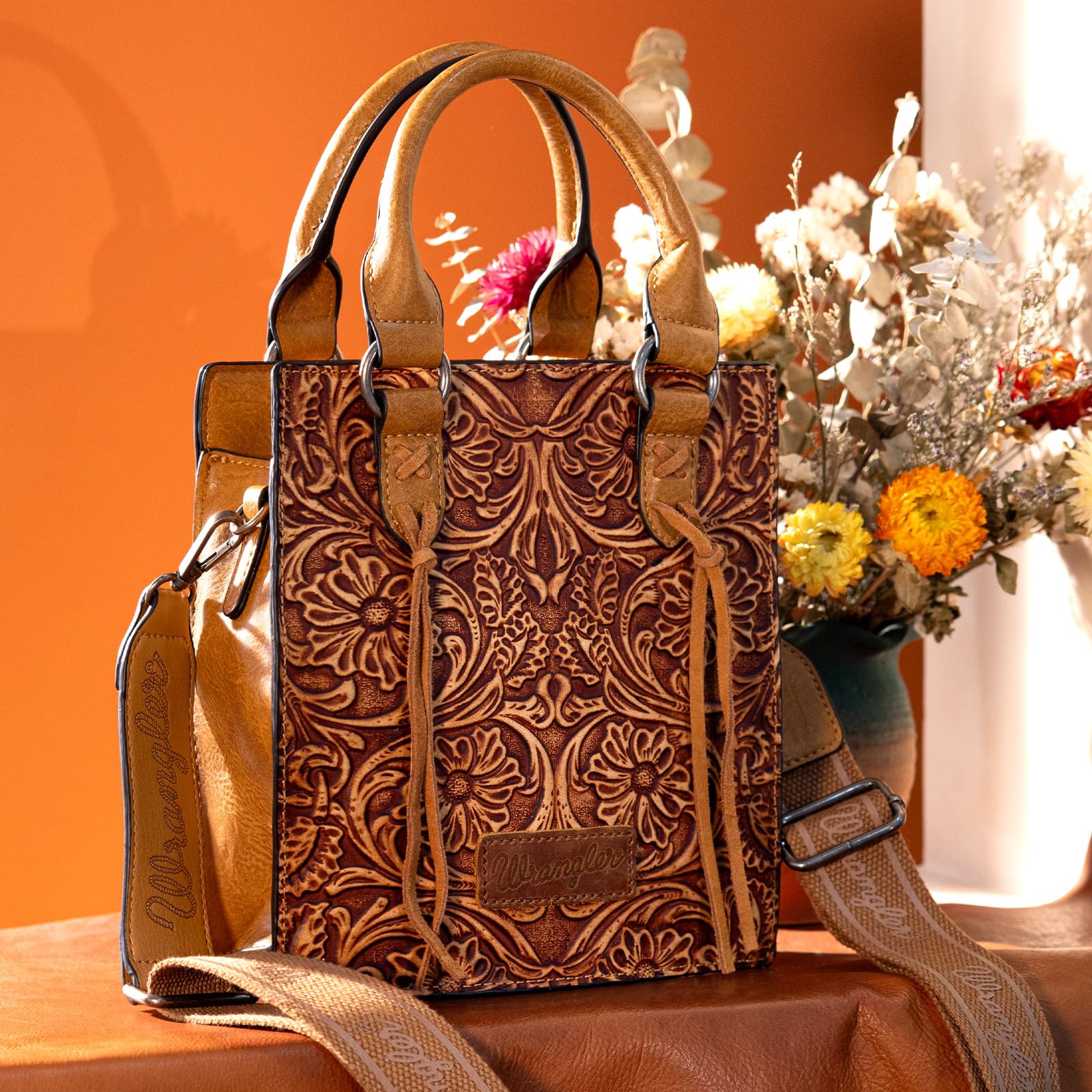 Wrangler Small Crossbody Bag for Women - Leather Tooled Top Handle Handbag & Mini Tote Purse - Perfect for Work, Travel & Everyday Use
