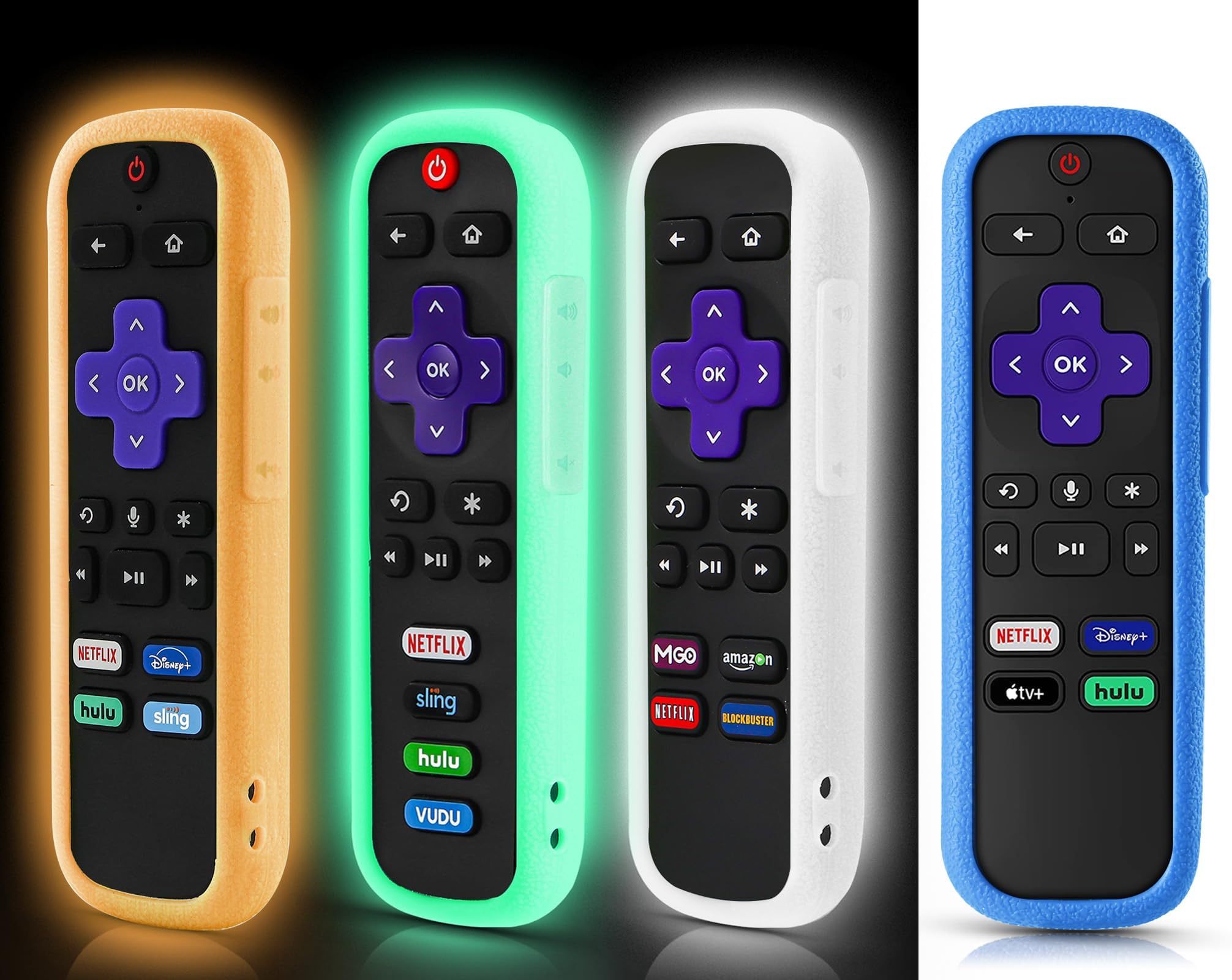 4-Pack Roku Remote Covers - Universal for Hisense/TCL TV - Glow in Dark (Orange/White/Green/Blue) - Perfect for Night Use