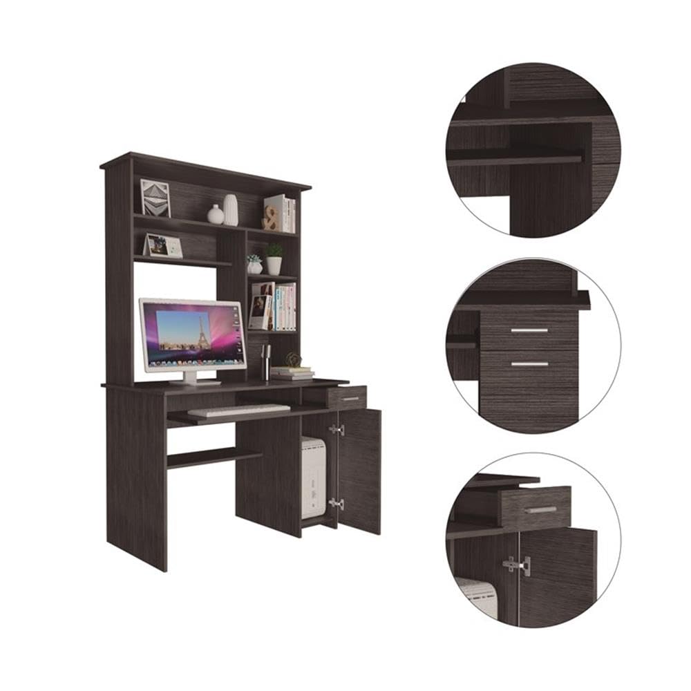 Modern Engineered Wood Desk with Hutch in Charcoal - Stylish Home Office Furniture for Small Spaces, Work from Home & Study Room Organization
