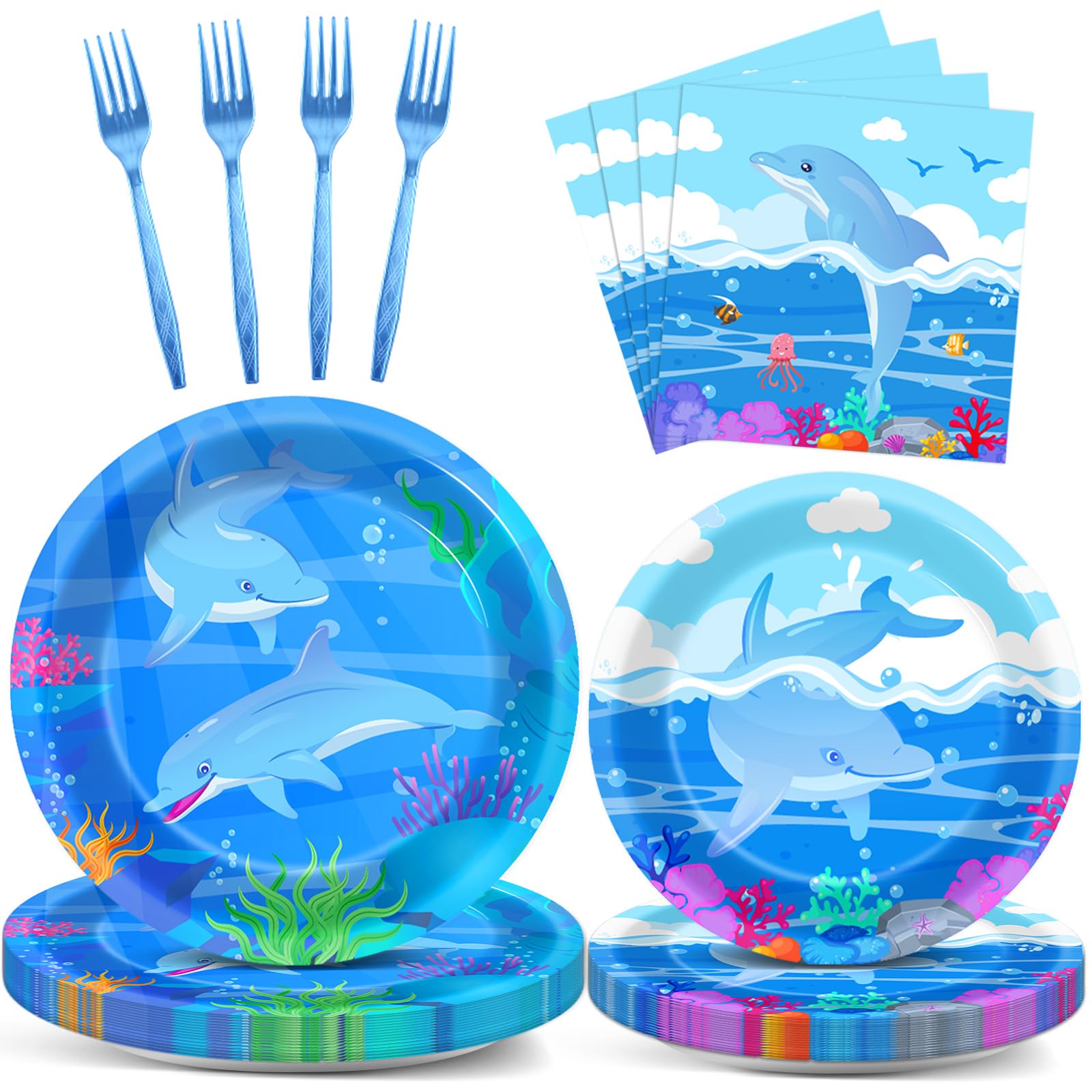 96 Pcs Dolphin Party Supplies Set - Ocean Themed Disposable Plates, Napkins, Forks - Blue Under the Sea Birthday Party Decorations for Baby Shower, Dessert Tableware (Serves 24 Guests) - Perfect for Beach Parties, Nautical Events & Kids Birthday Celebrations