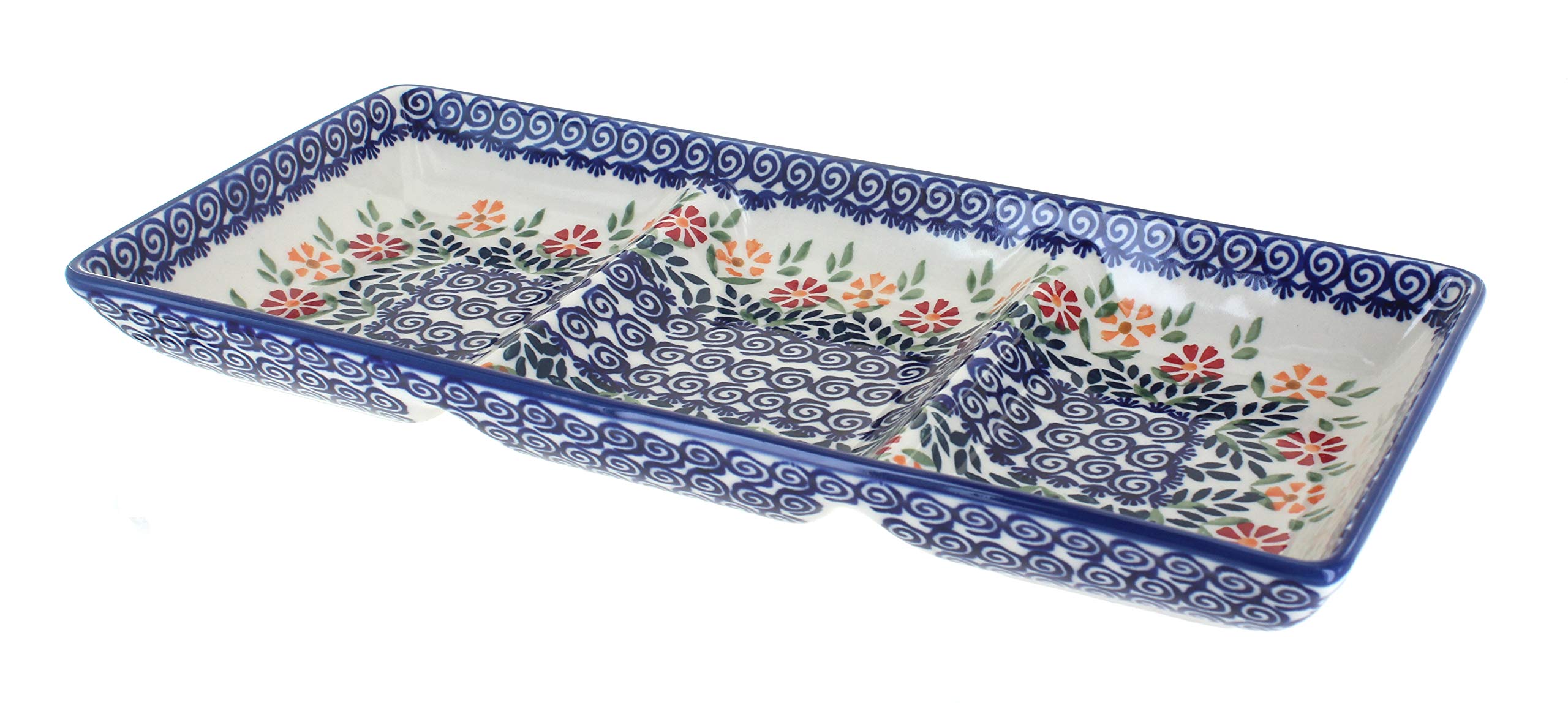Blue Rose Polish Pottery 3-Section Serving Dish - Elegant Floral Garden Party Platter for Appetizers, Desserts & Entertaining