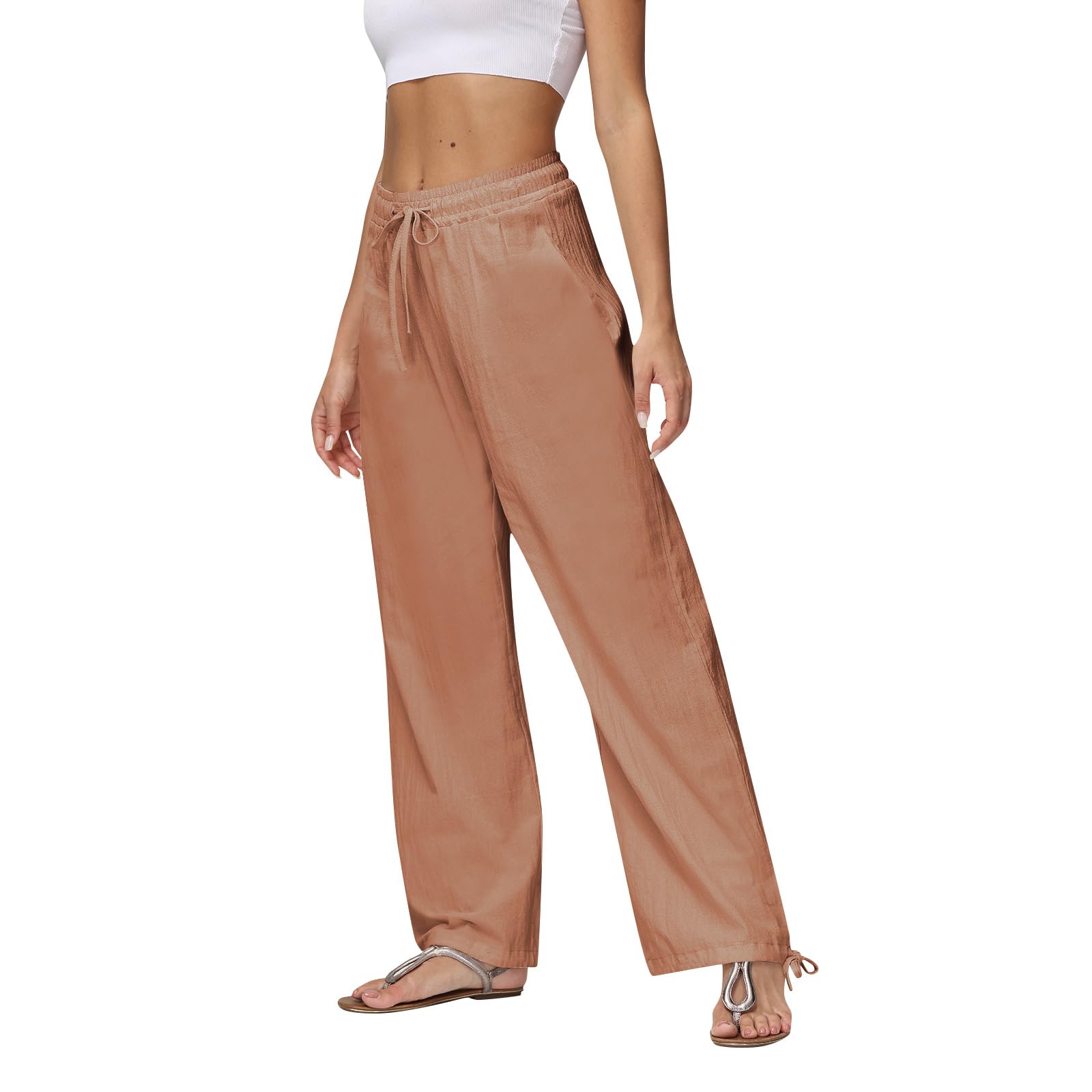 Women's Cotton Linen Summer Pants - Loose Drawstring Waist Palazzo Wide Leg Trousers with Pockets | Casual Comfort for Beach, Travel & Everyday Wear