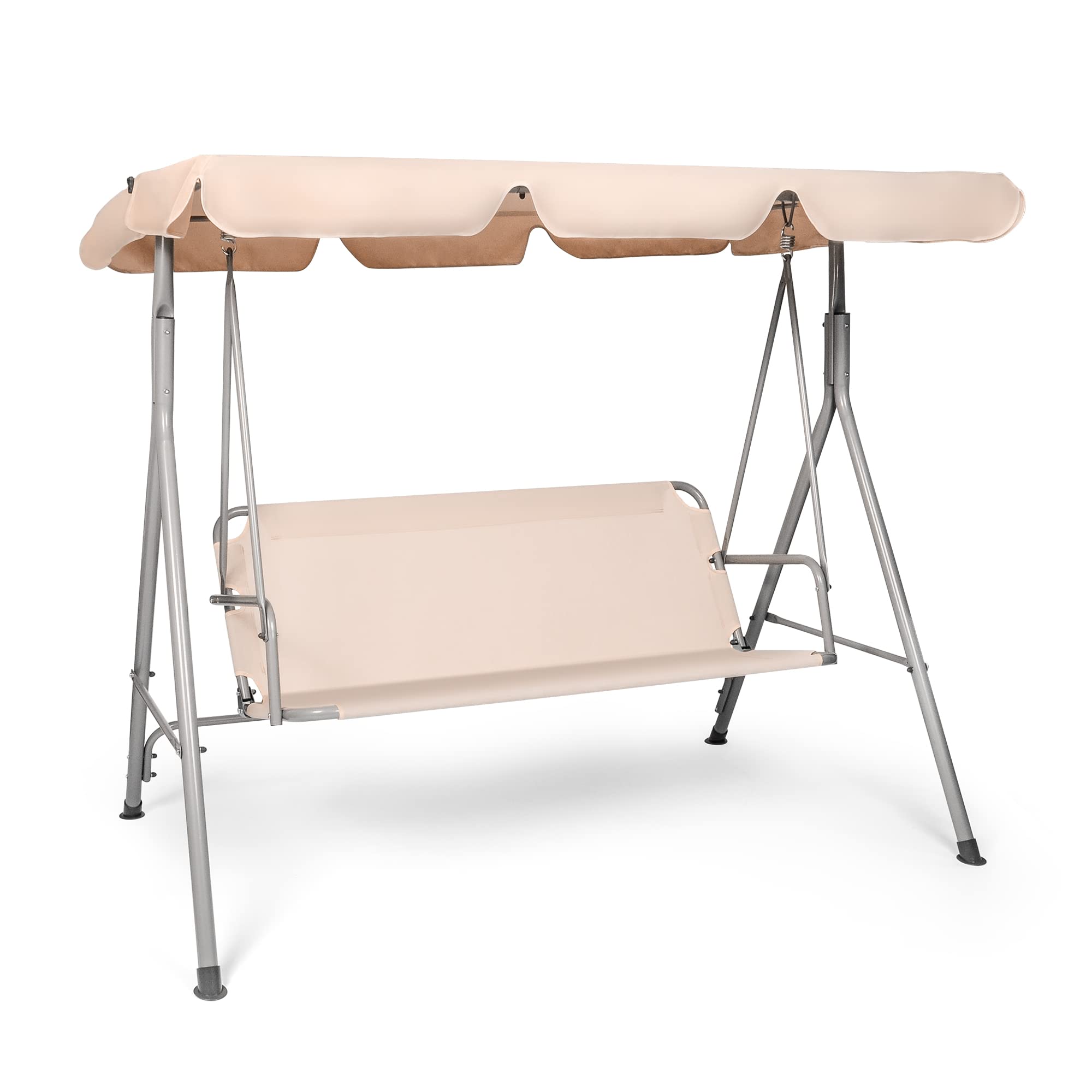 Outdoor Patio Swing Chair with Adjustable Canopy & Durable Metal Stand - Porch Swing Bench for Backyard, Garden, Deck - Beige Weather-Resistant Hanging Seat for Relaxation & Outdoor Lounging