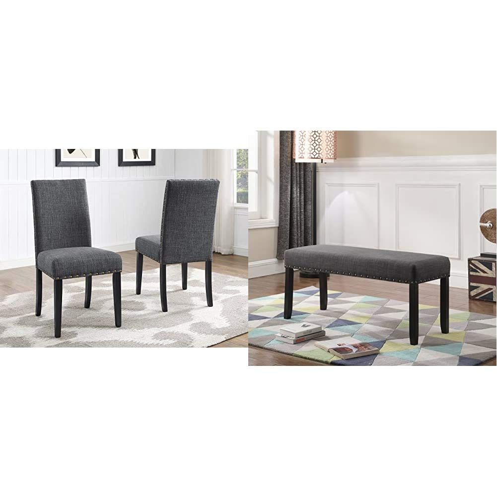Roundhill Furniture Biony Gray Fabric Dining Chairs with Nailhead Trim - Set of 2 Modern Upholstered Side Chairs for Kitchen, Dining Room, and Breakfast Nook - Comfortable Seating with Stylish Accent Design
