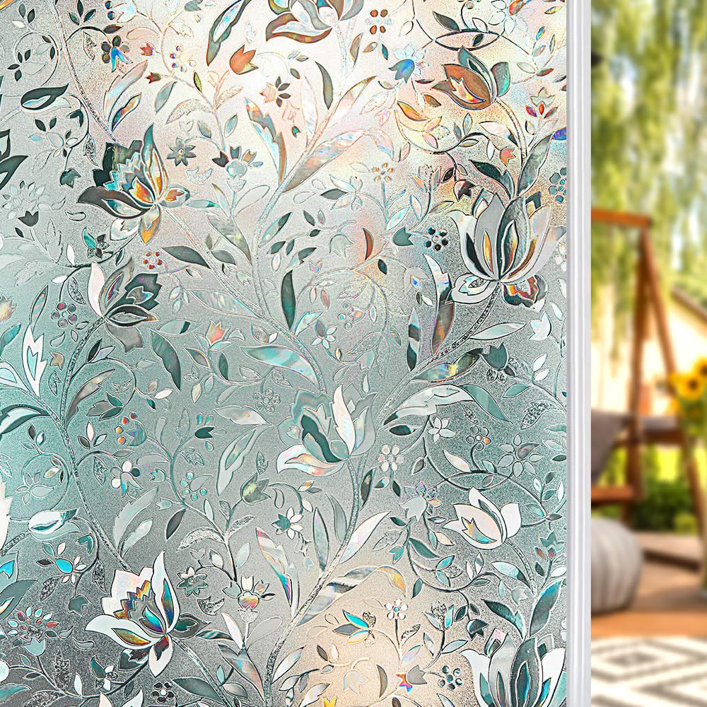 Shackcom 3D Rainbow Privacy Window Film - Stained Glass Tulip Pattern (35.4
