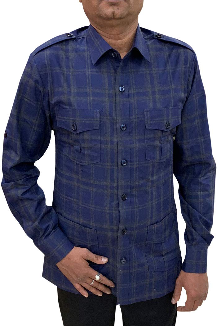 INMONARCH Men's Navy-Blue Checkered Safari Shirt - Boy Scout Uniform, Long Sleeve Hunting Shirt HS118 | Outdoor Adventure, Camping & Scout Activities