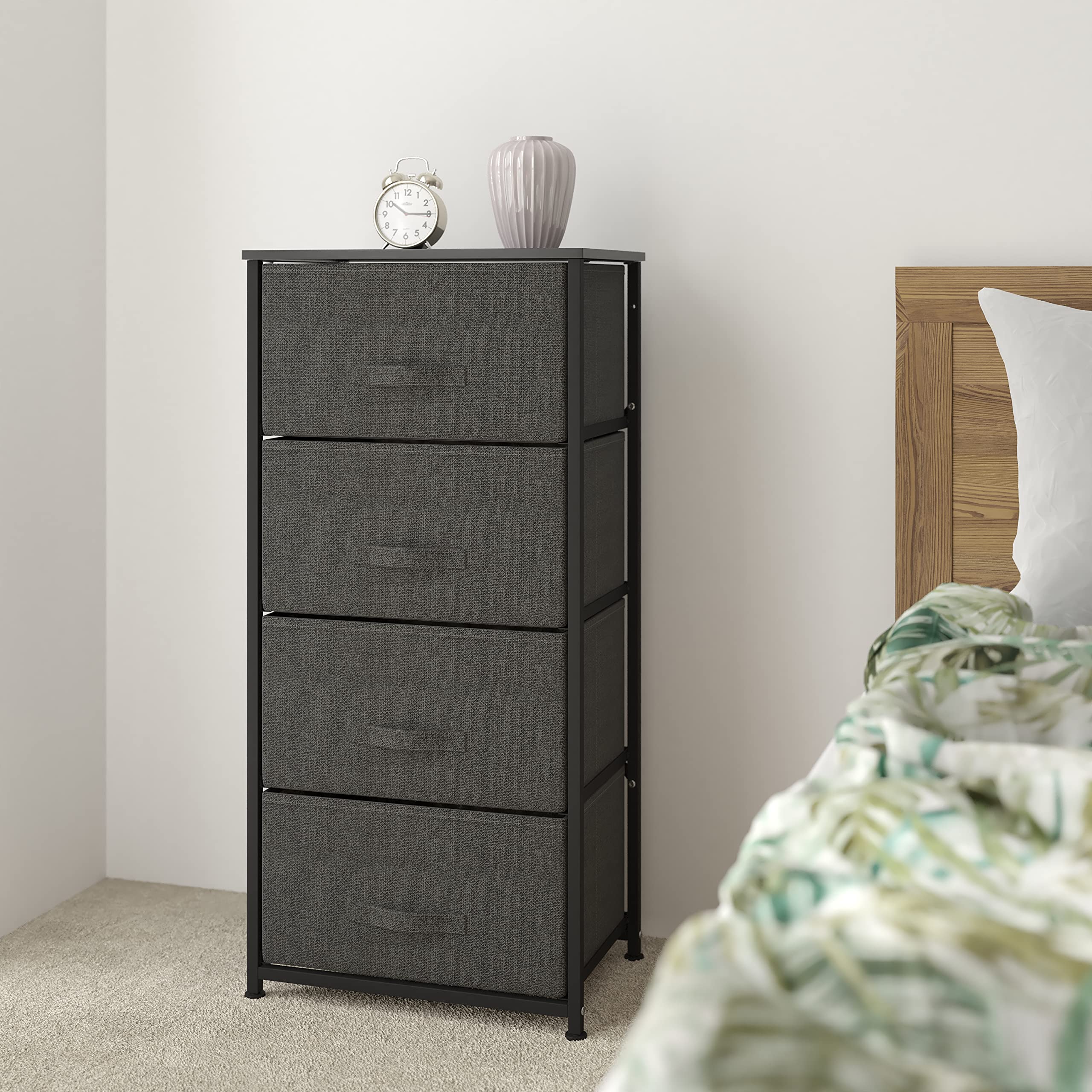 BizChair 4-Drawer Wood Top Dresser - Black Cast Iron Frame with Dark Gray Fabric Drawers for Bedroom Storage | Easy Pull Fabric Drawers for Clothes & Accessories Organization
