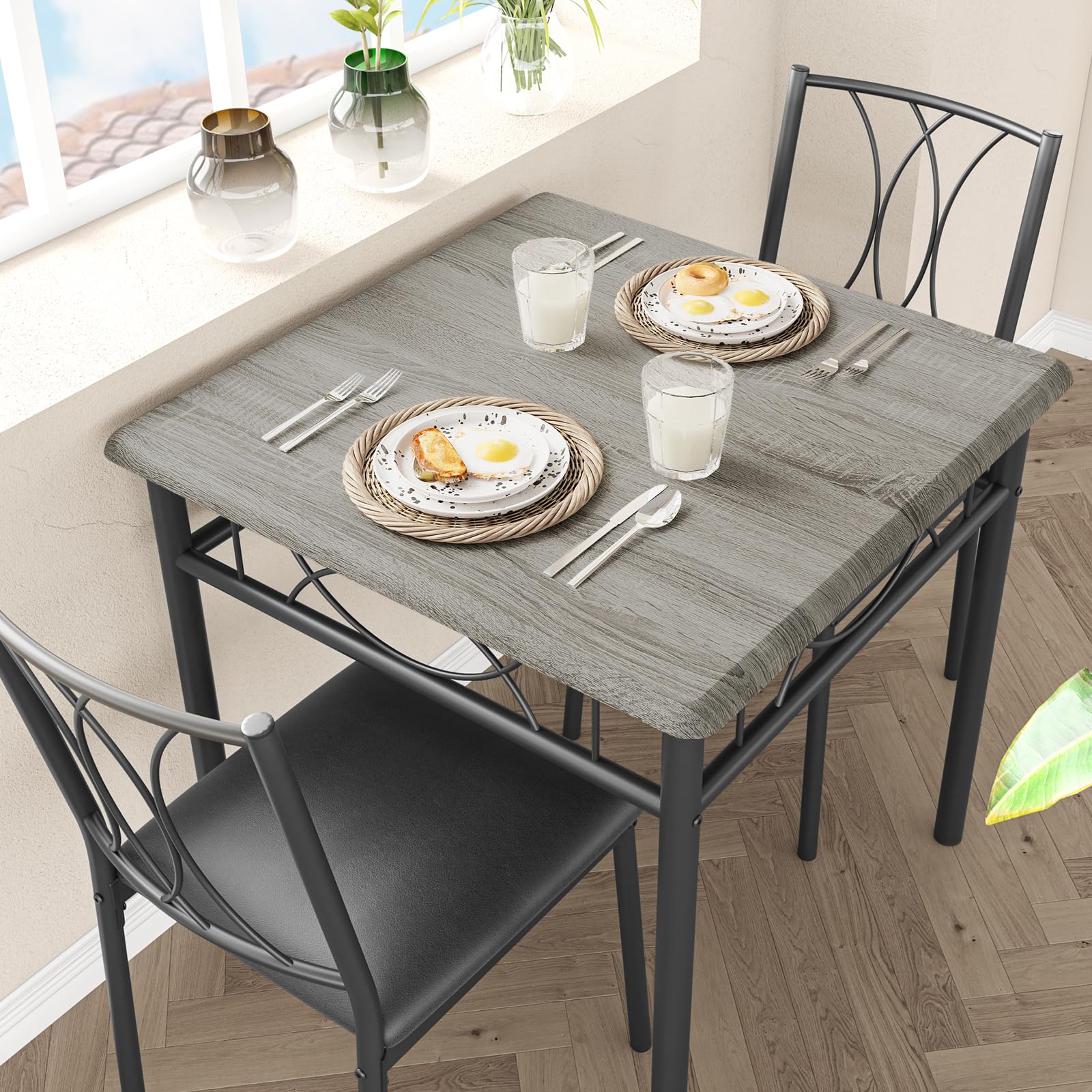 2-Piece Rustic Grey Square Dining Table Set with 2 Upholstered Chairs - Metal & Wood Kitchen Table for Small Spaces & Apartments - Perfect for Breakfast Nooks, Studio Dining, and Cozy Meals