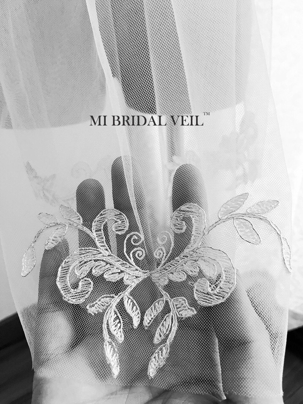 Elegant Silver Lace Applique Fingertip Wedding Veil for Bride - Perfect for Church Ceremonies, Outdoor Weddings & Bridal Photography
