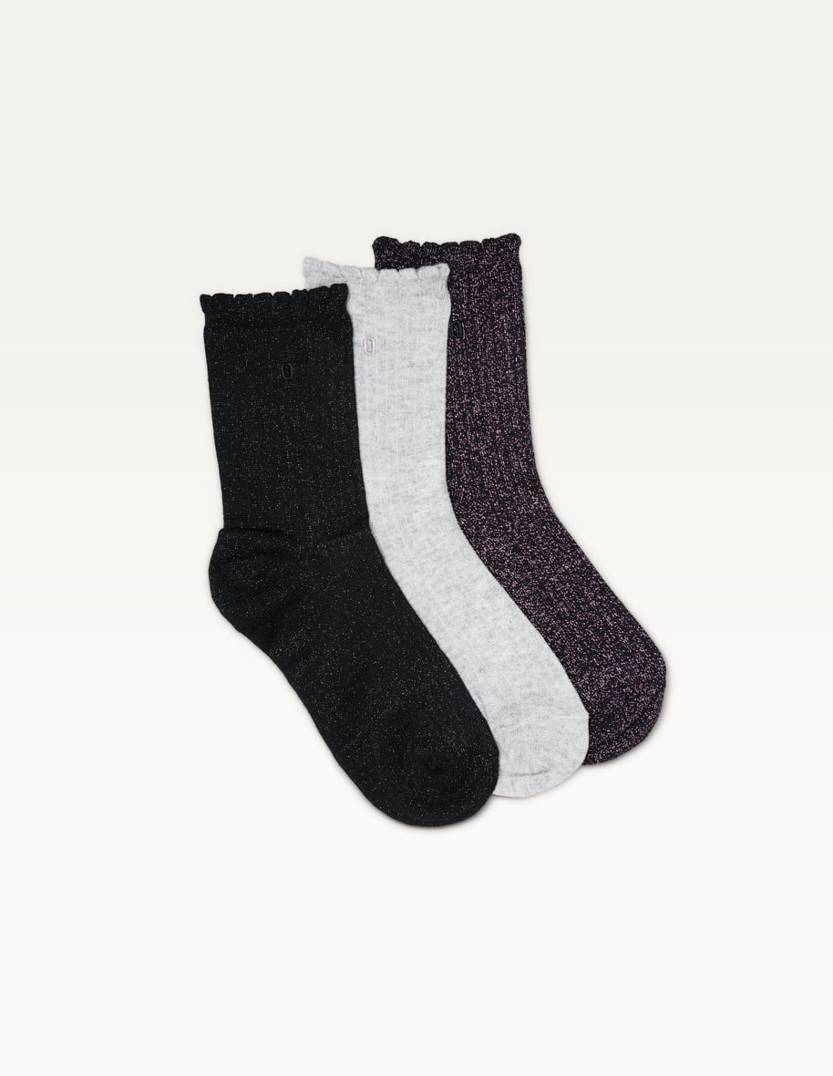 3-Pack Ribbed Lace Socks - Black, Purple & Silver for Women | Comfortable & Stylish Casual & Party Wear