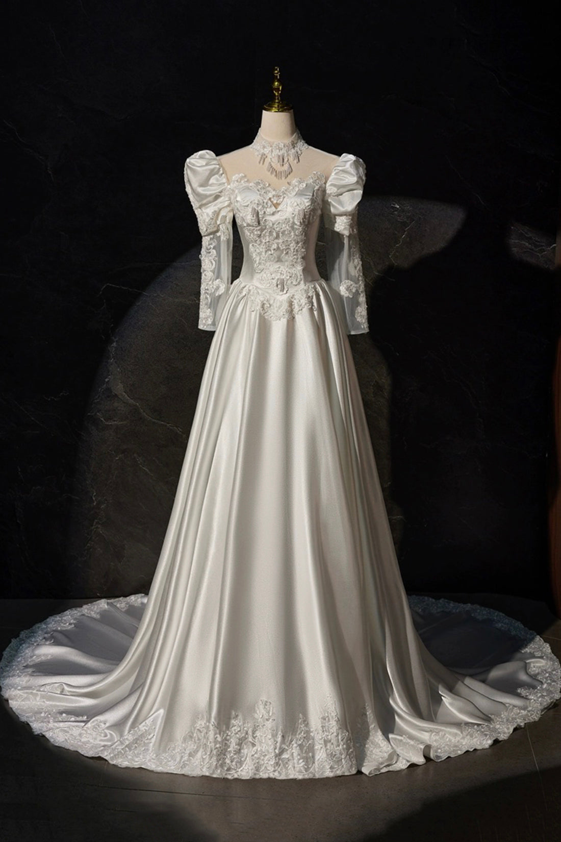 Elegant A-Line Satin Lace Long Sleeve Evening Dress for Women - Perfect for Weddings, Parties & Formal Events