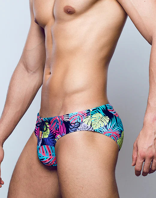 2eros Monstera Swim Brief for Men - Black Quick Dry Swim Trunks for Beach, Pool & Gym Workouts