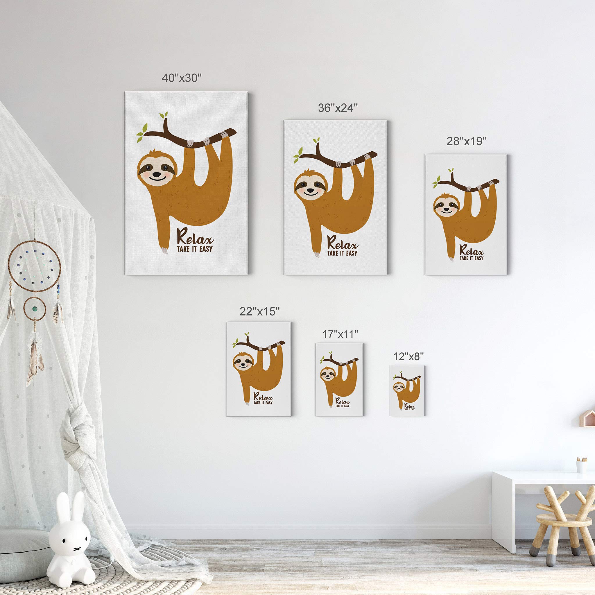 Smile Art Design Sloth Relax Take It Easy Quote Canvas Wall Art - 36x24 Inch Ready to Hang Nursery Decor, Kids Room Decor, Baby Room Wall Art - Perfect for Bedrooms, Playrooms & Daycare Centers
