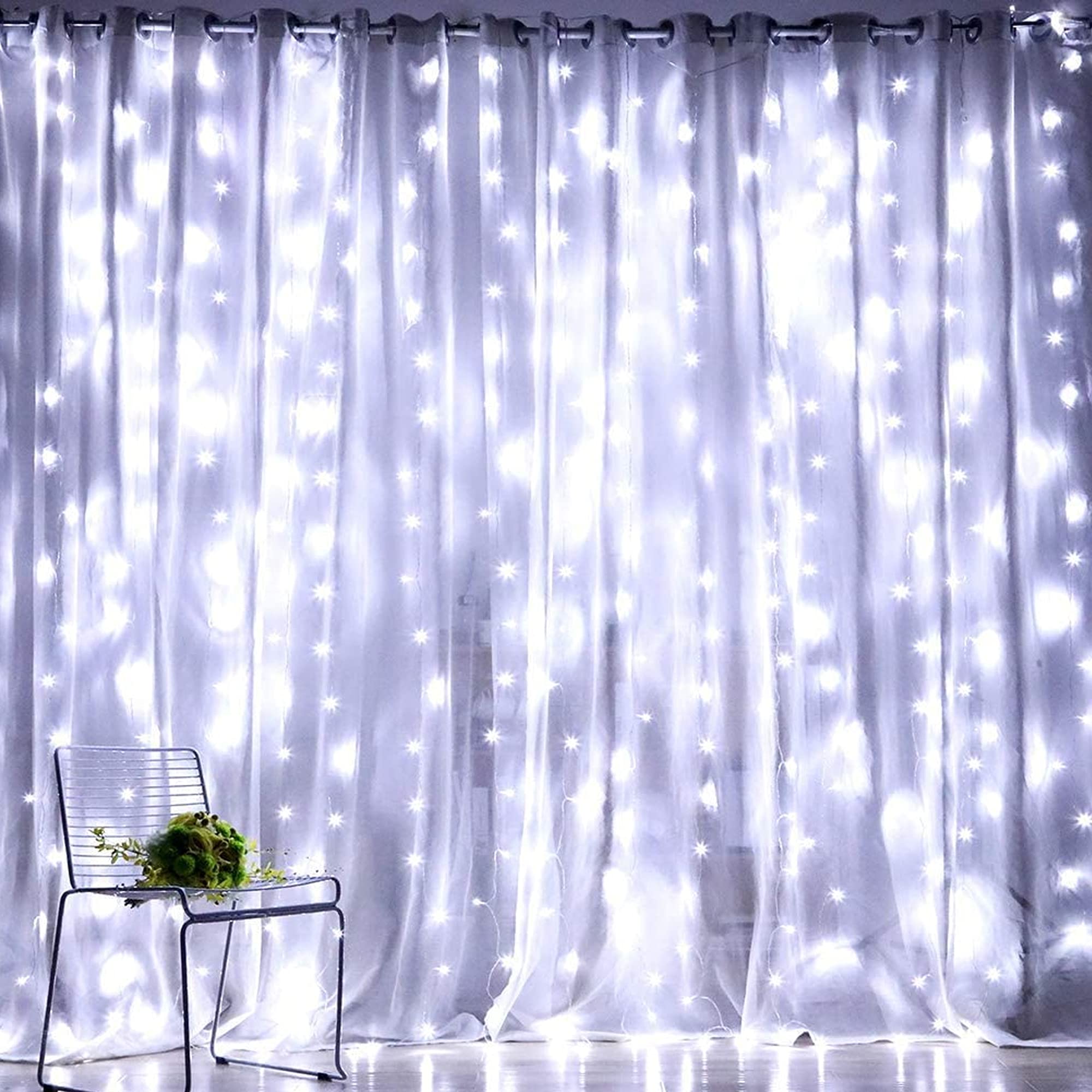 Dazzle Bright 300 LED Curtain String Lights - 9.8ft x 9.8ft USB Powered Fairy Lights with 8 Lighting Modes, Waterproof Indoor Outdoor Decorative Lights for Christmas, Wedding, Party, Bedroom, Garden, and Wall Decor (White)