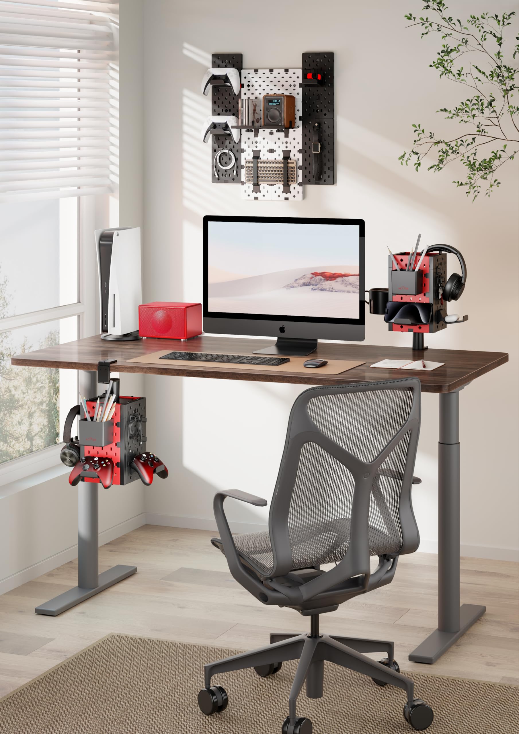 Clamp On Desk Organizer - 4-Panel Pegboard with Controller Stand, Headphone Holder & Pen Storage | Perfect for Office Cubicles, Gaming Setups & Home Workspaces | Space-Saving Desk Accessories (1 Unit)