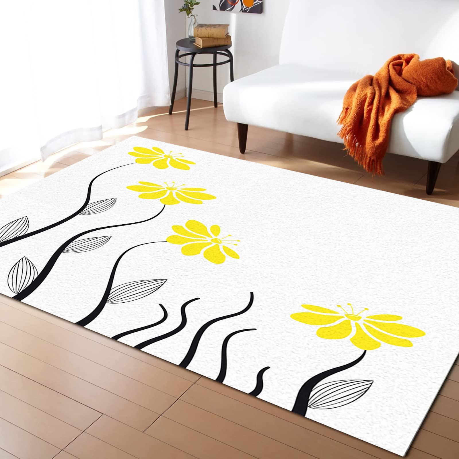 4'x7' Washable Area Runner Rug - Yellow Aqua Floral Petals with Striped Leaves & Geometric Lines for Kitchen, Living Room, Bathroom, Bedroom, Classroom | Modern Non-Slip Bath Mat for Home Decor & Pet-Friendly Spaces