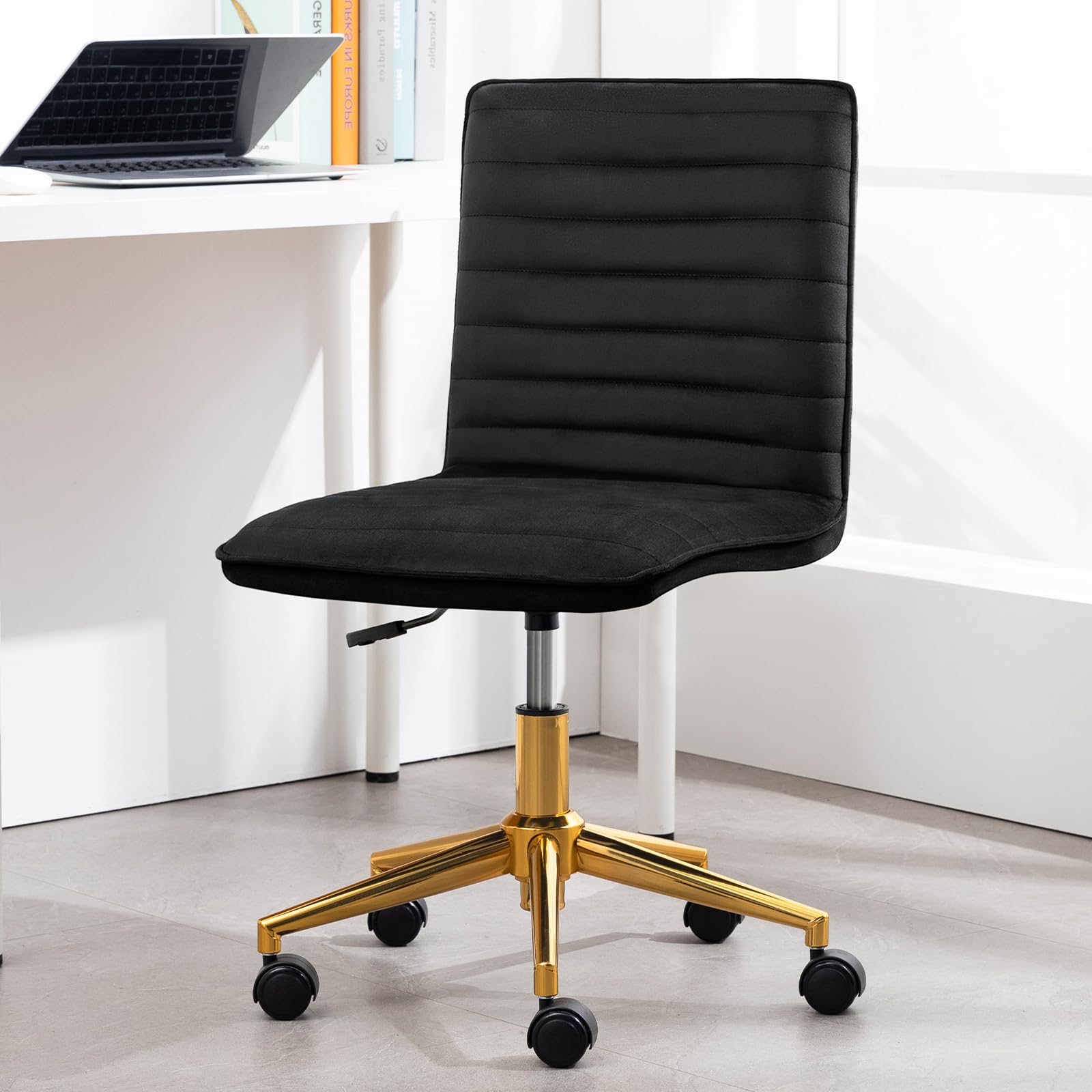 Furniliving Home Office Desk Chair - Armless Velvet Rolling Chair with Adjustable Height & Gold Metal Base, Black - Perfect for Computer Work, Vanity Desks & Small Spaces