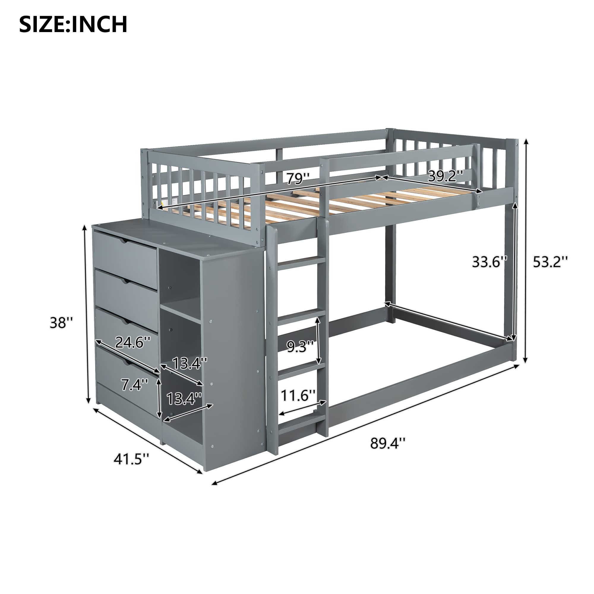 Twin Over Twin Solid Wood Bunk Bed with Cabinet & Shelves - Low Loft Bed Frame with Ladder & Guardrails for Kids, Teens & Adults - Multi-Functional Storage Space (Gray) - Perfect for Small Bedrooms, Dorms & Guest Rooms