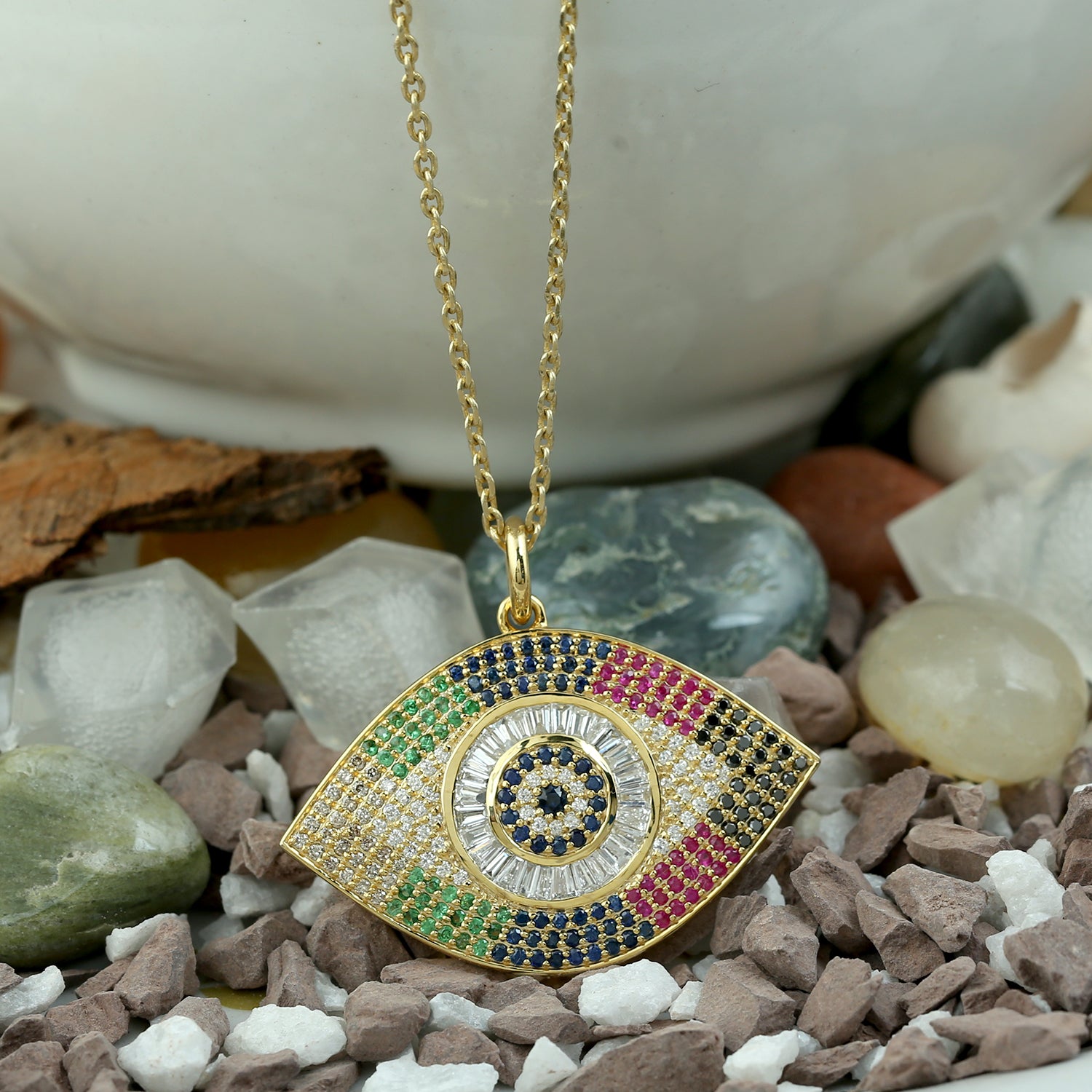 Baguette Diamond Sapphire Ruby Multicolor Evil Eye Charm Pendant in 14K Yellow Gold - Protection Jewelry for Women, Gift for Birthday & Anniversary