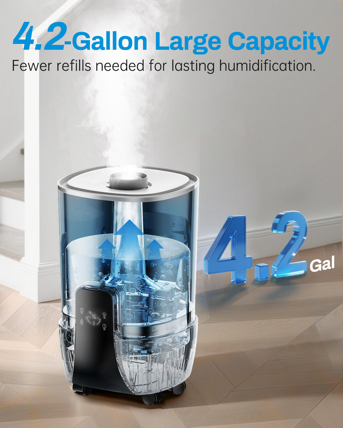 4.2Gal/16L Large Room Cool Mist Humidifier for Bedroom & Home up to 2000 sq.ft - Top Fill Design with 3 Stainless Steel Atomizers & 360° Nozzle - Perfect for Commercial Spaces, Offices, Plant Care and Whole House Humidification - White