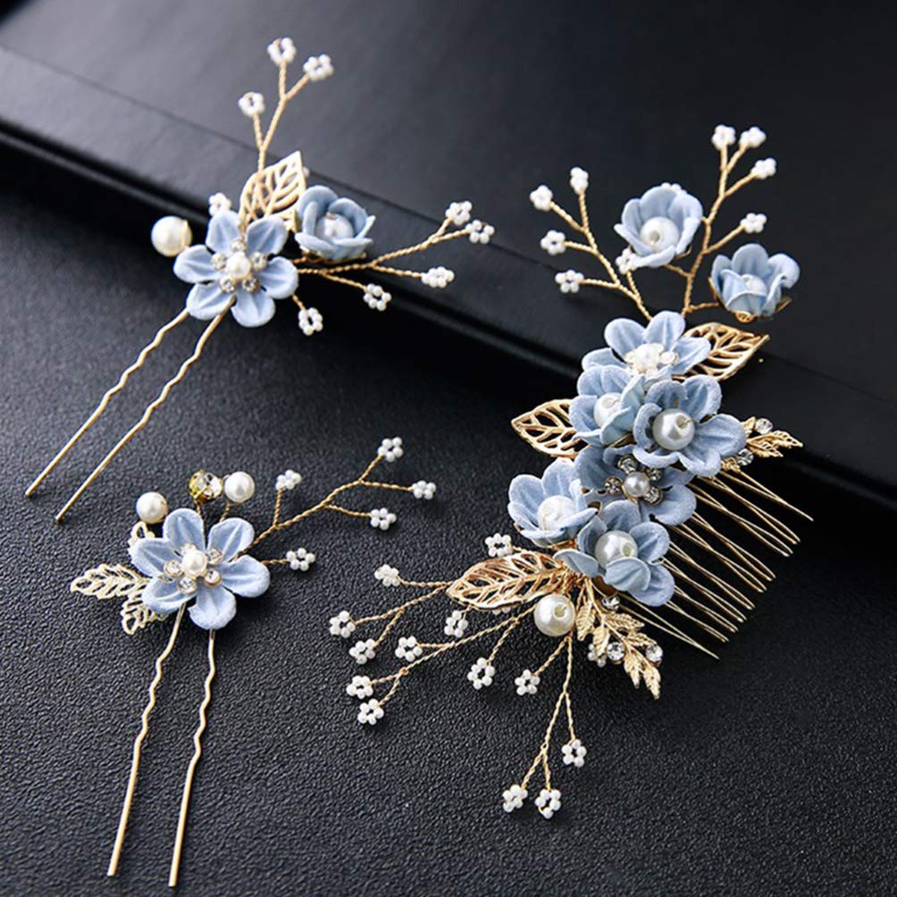 NUOBESTY 4 Pcs Rhinestone Crystal Floral Wedding Hair Comb Set - Bridal Hair Clips & Pins for Women, Hair Jewelry Accessories for Wedding, Prom, Party - Blue