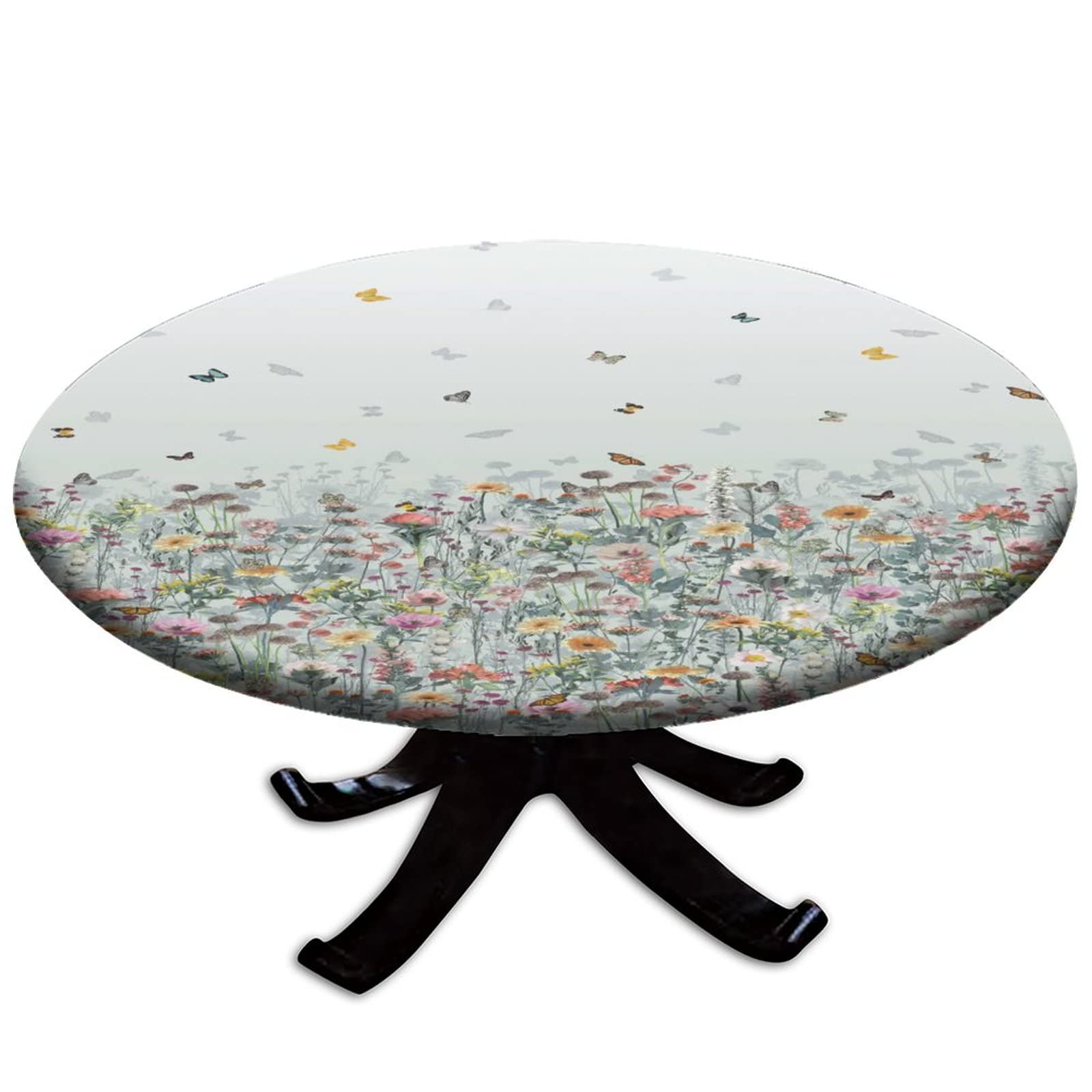 VVA Elastic Round Fitted Tablecloth - Wrinkle & Stain Resistant, Washable & Reusable - Colorful Wildflowers & Butterflies Meadow Design - Fits 40-47 Inch Round Tables - Perfect for Outdoor Picnics, Garden Parties & Dining Room Decor